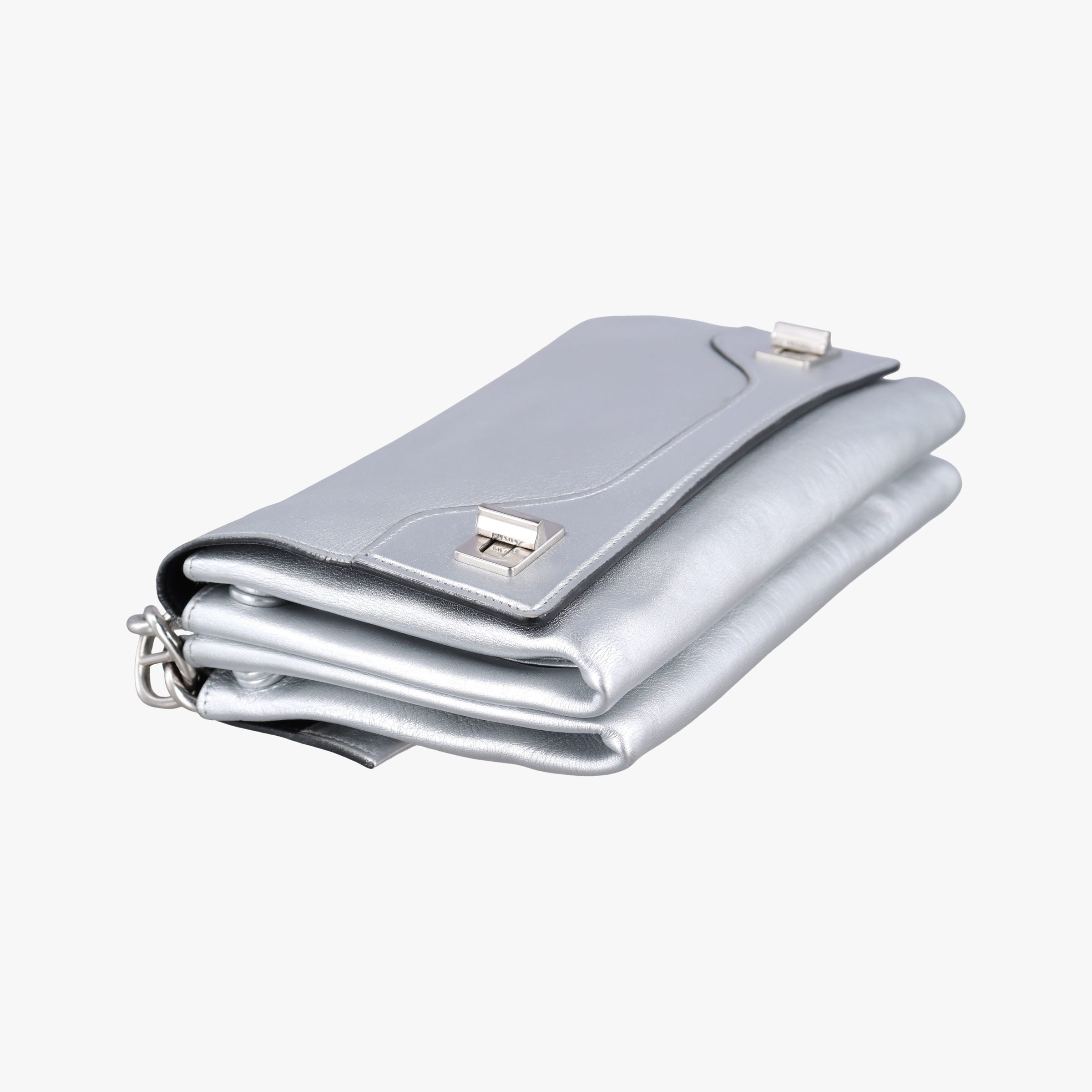Pre-owned Prada Half Flap Double Turn Lock Silver Leather  shoulderbag | stylenewstar