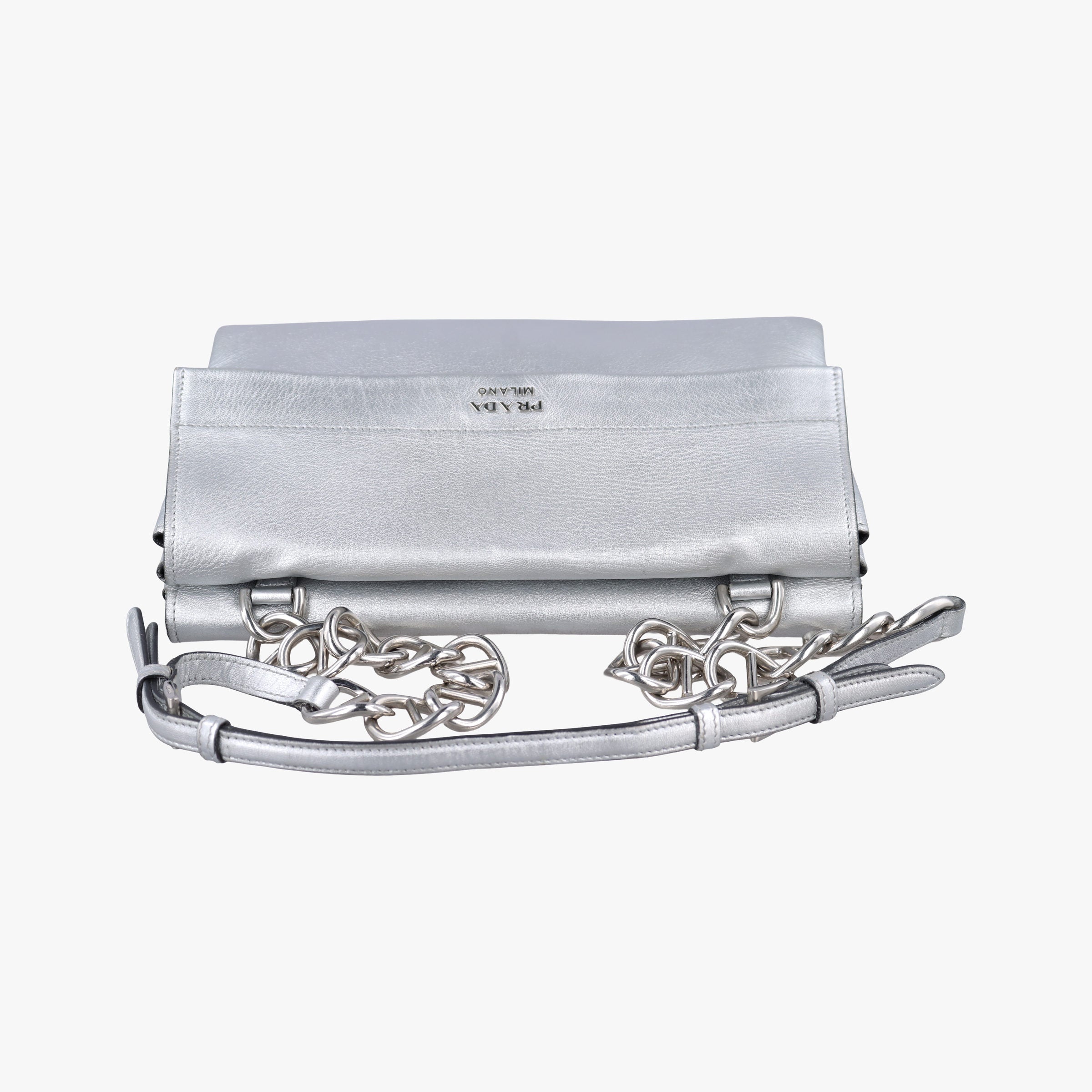 Pre-owned Prada Half Flap Double Turn Lock Silver Leather  shoulderbag | stylenewstar