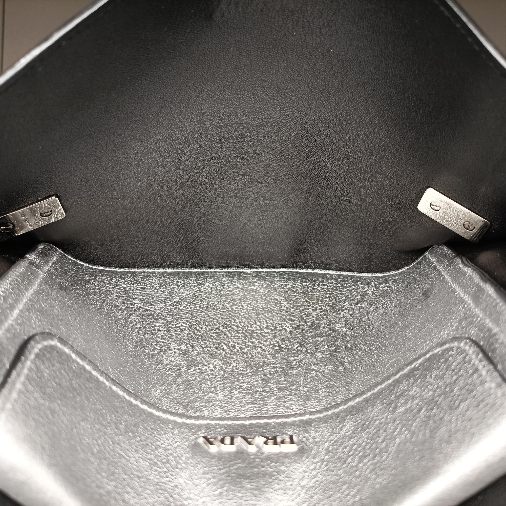 Pre-owned Prada Half Flap Double Turn Lock Silver Leather  shoulderbag | stylenewstar