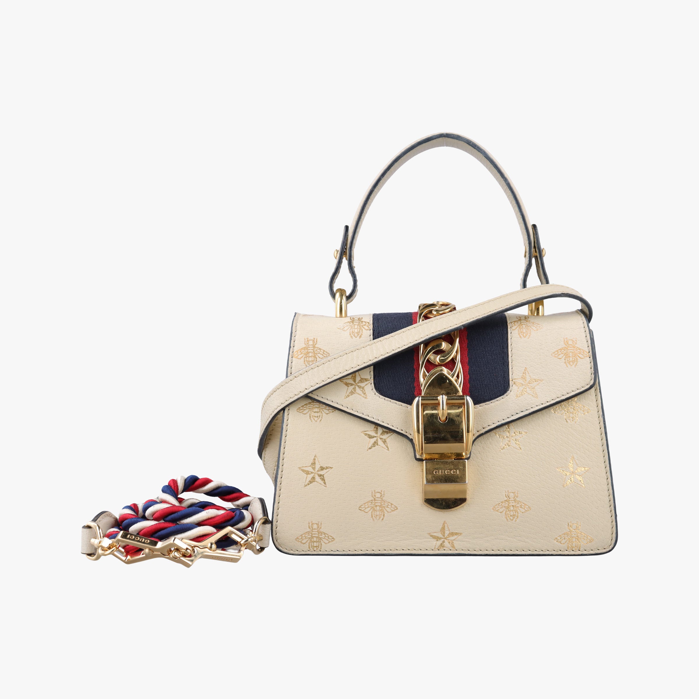 Pre-owned Gucci Sylvie Ivory×navy×red Leather 470270 shoulderbag | stylenewstar