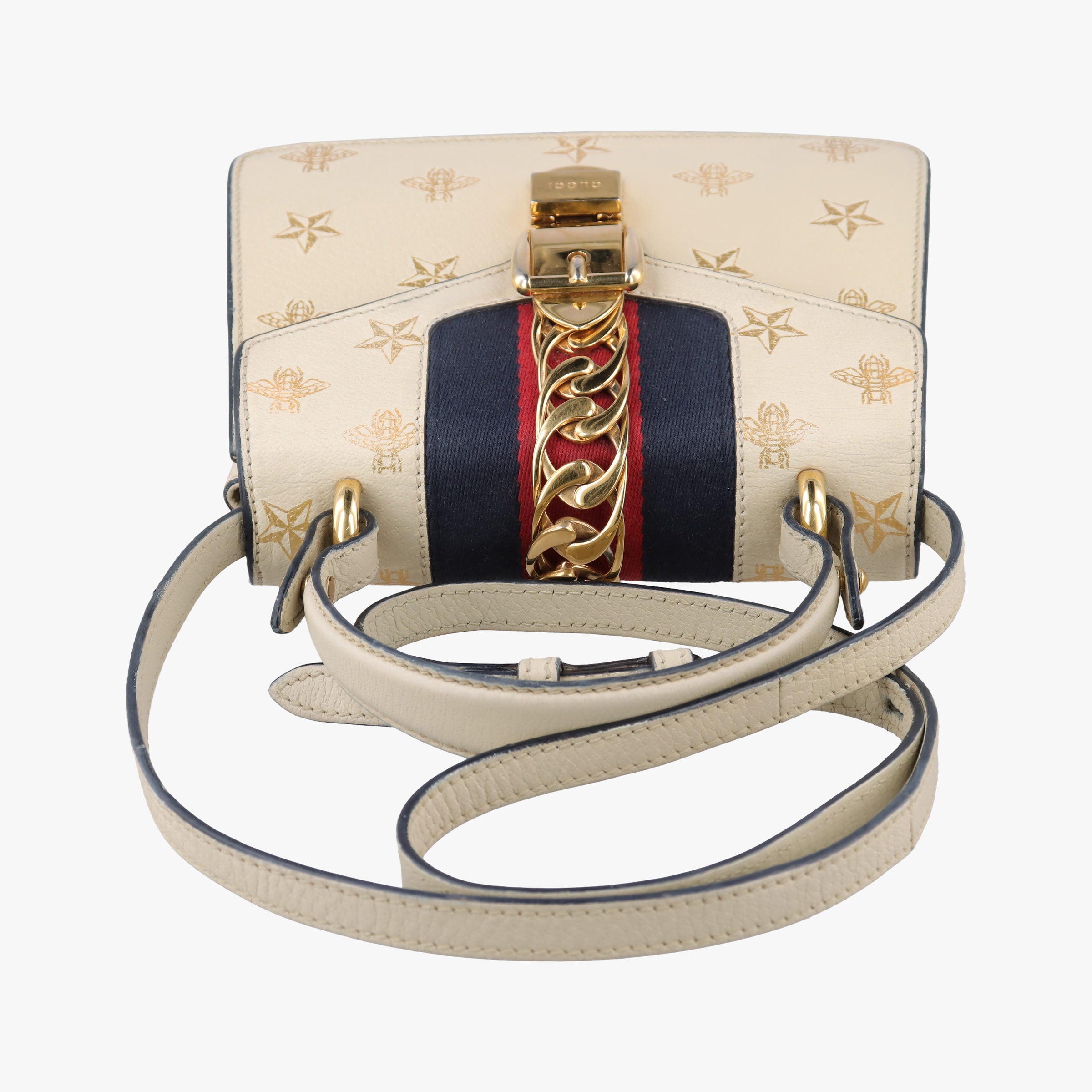 Pre-owned Gucci Sylvie Ivory×navy×red Leather 470270 shoulderbag | stylenewstar