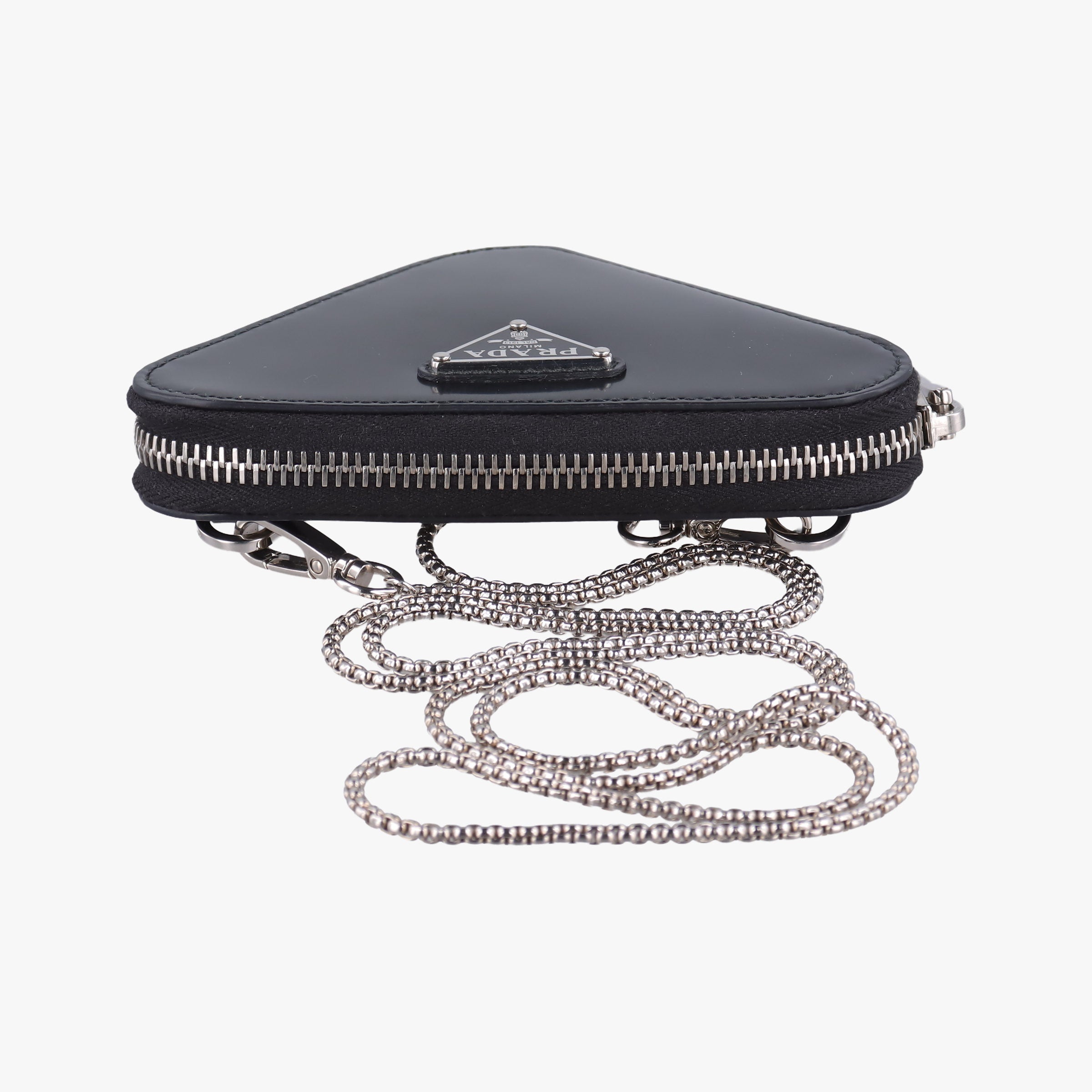 Pre-owned Prada Triangle Chain Pouch Black Leather  shoulderbag | stylenewstar