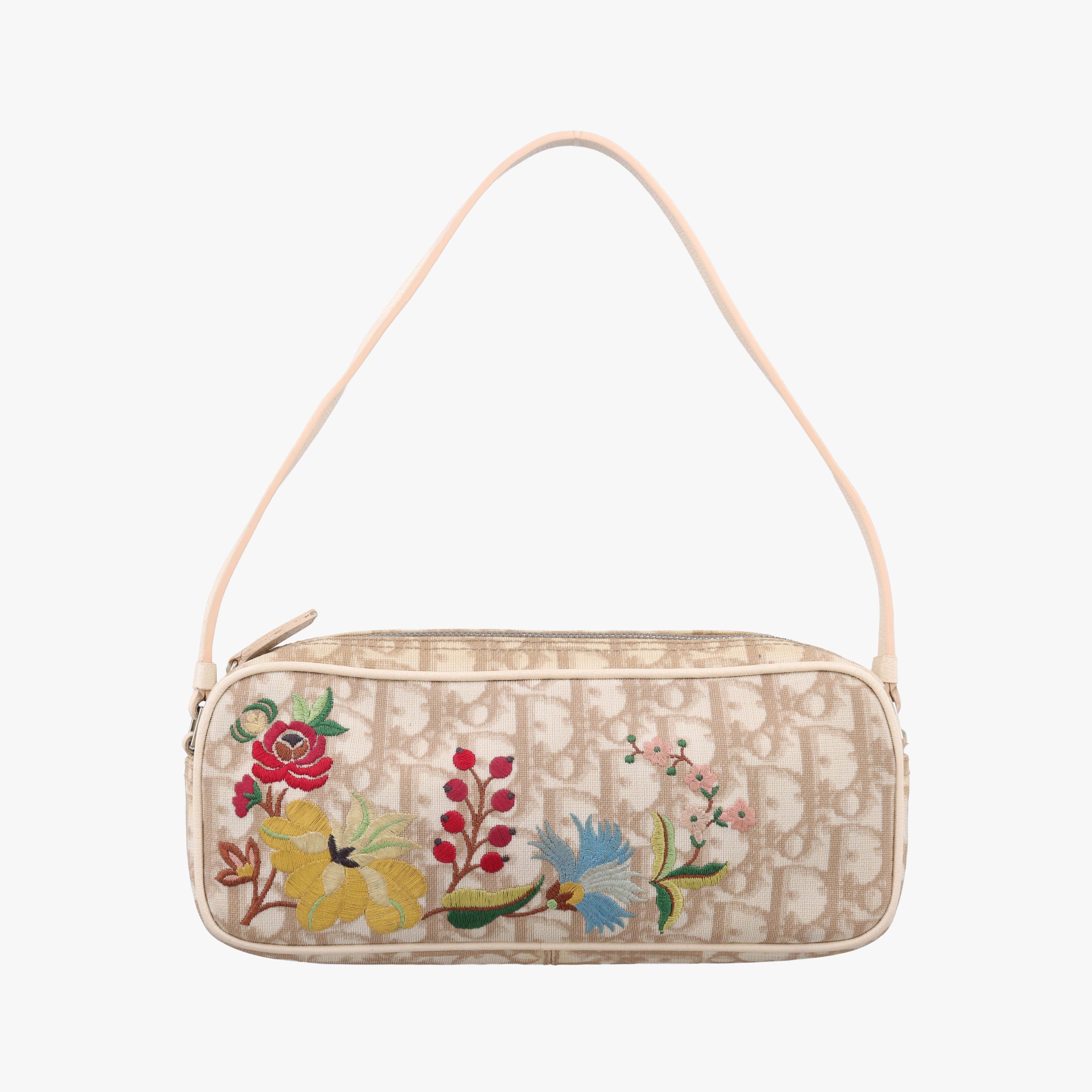 Vintage Christian Dior Trotter Flower Beige PVC Coated Canvas Floral Embroidery  shoulderbag | stylenewstar