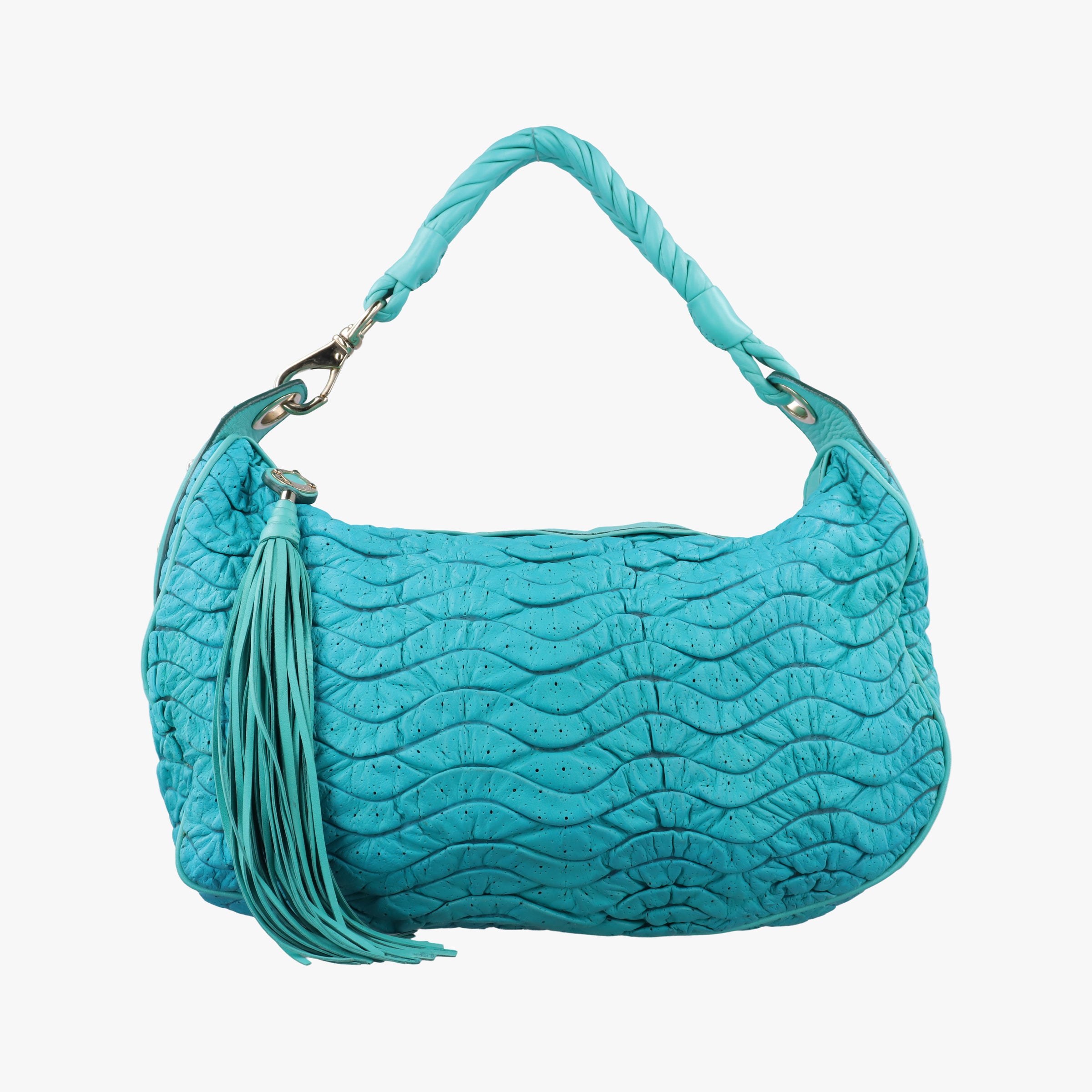 Pre-owned VERSACE Wavy Ruched Hobo Blue Lambskin  shoulderbag | stylenewstar