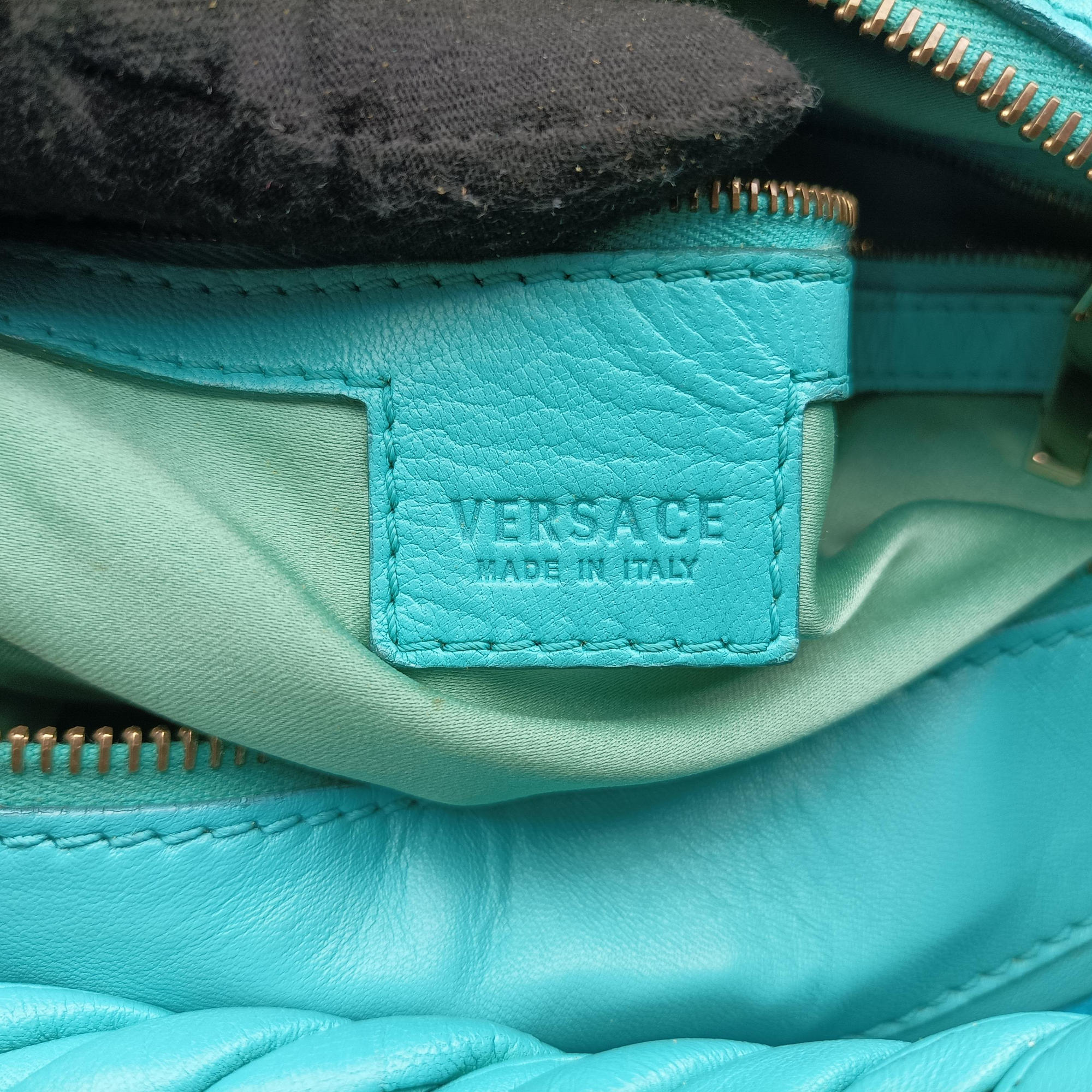 Pre-owned VERSACE Wavy Ruched Hobo Blue Lambskin  shoulderbag | stylenewstar