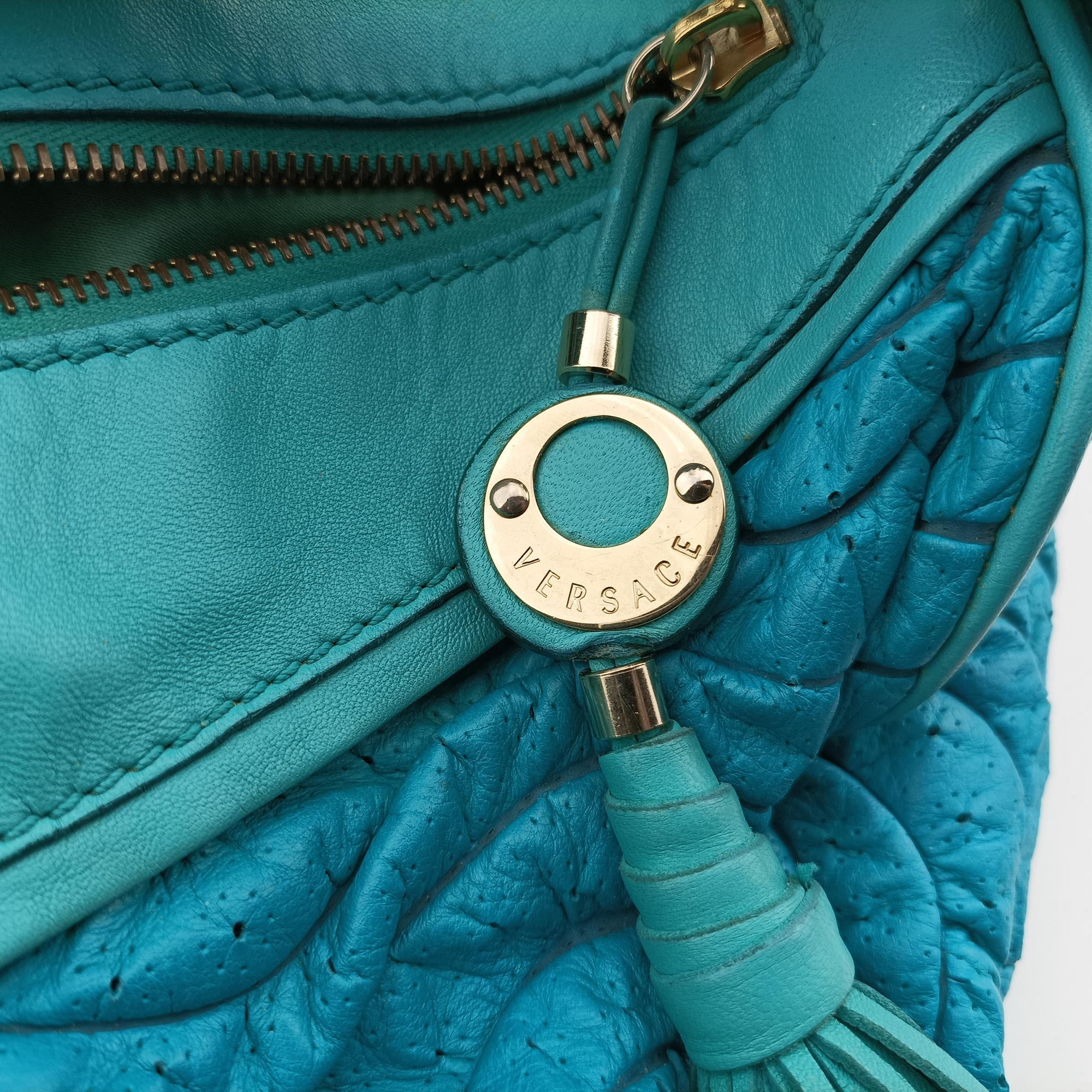 Pre-owned VERSACE Wavy Ruched Hobo Blue Lambskin  shoulderbag | stylenewstar
