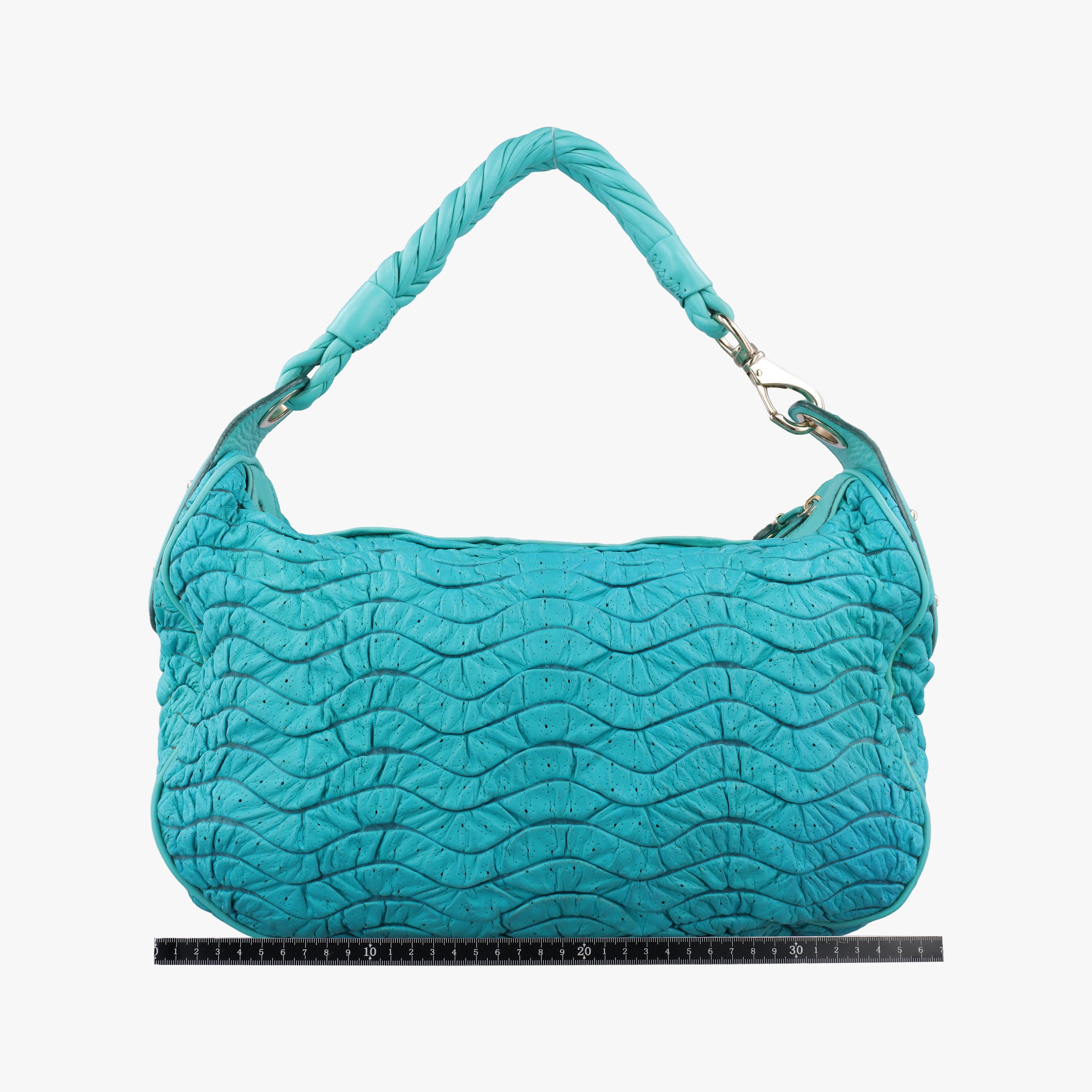 Pre-owned VERSACE Wavy Ruched Hobo Blue Lambskin  shoulderbag | stylenewstar