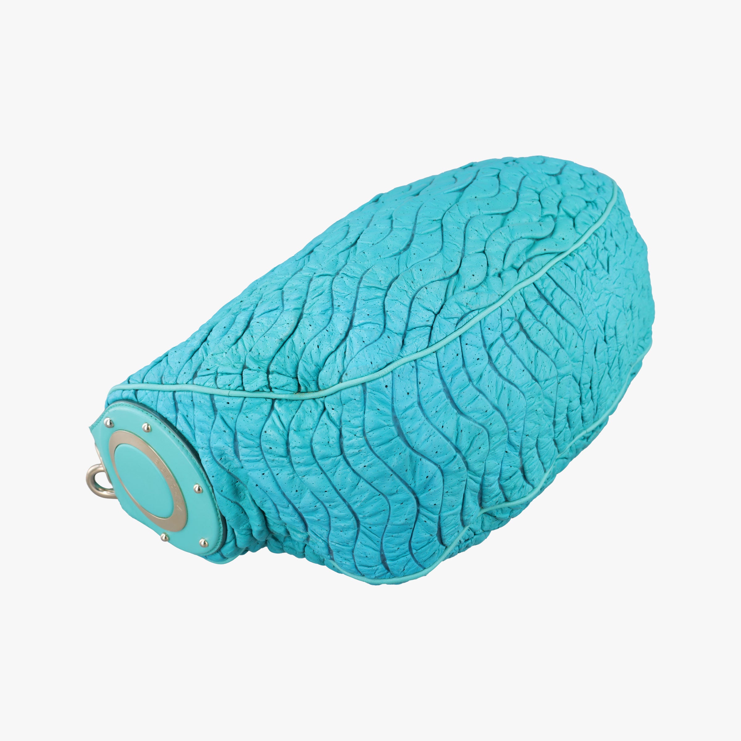 Pre-owned VERSACE Wavy Ruched Hobo Blue Lambskin  shoulderbag | stylenewstar