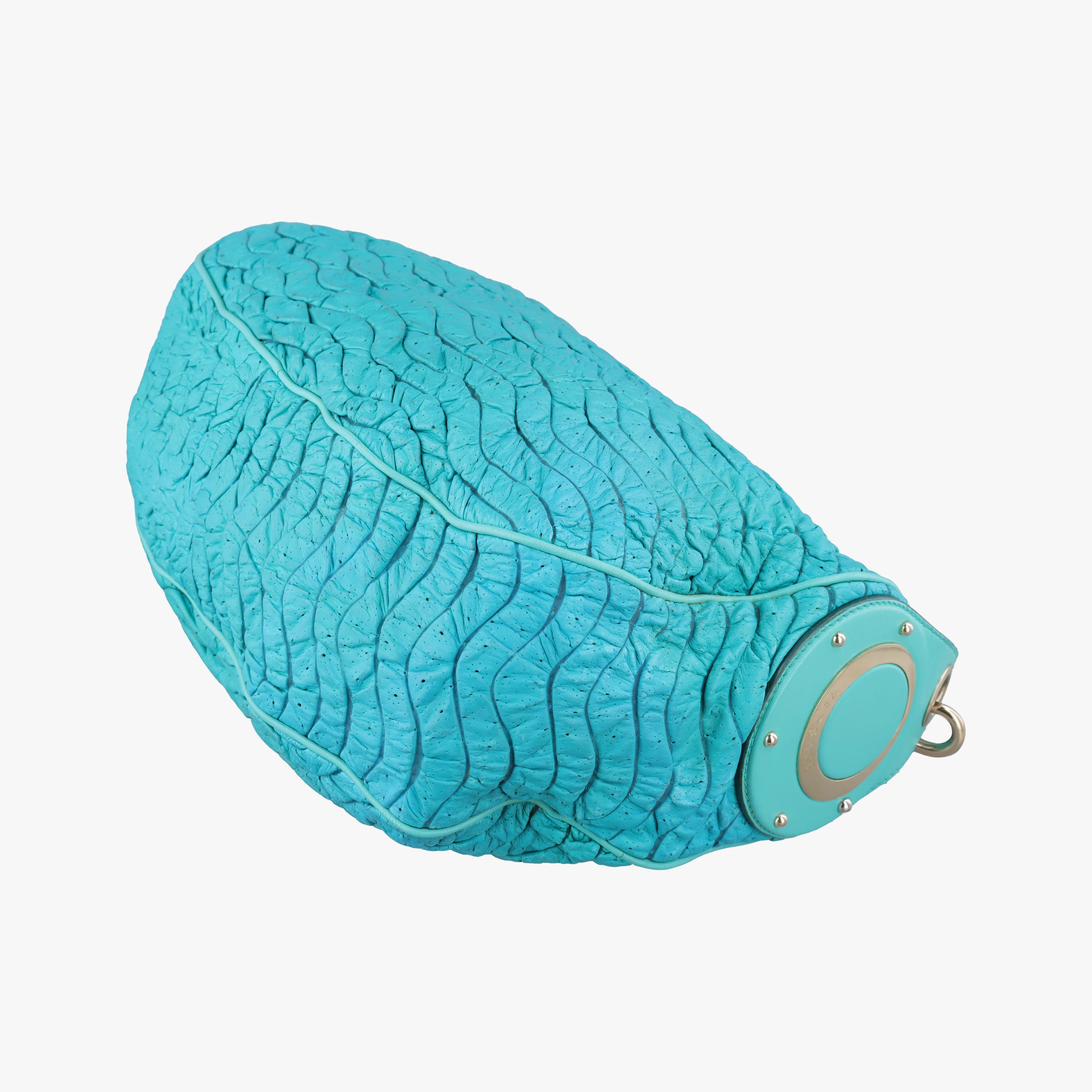 Pre-owned VERSACE Wavy Ruched Hobo Blue Lambskin  shoulderbag | stylenewstar
