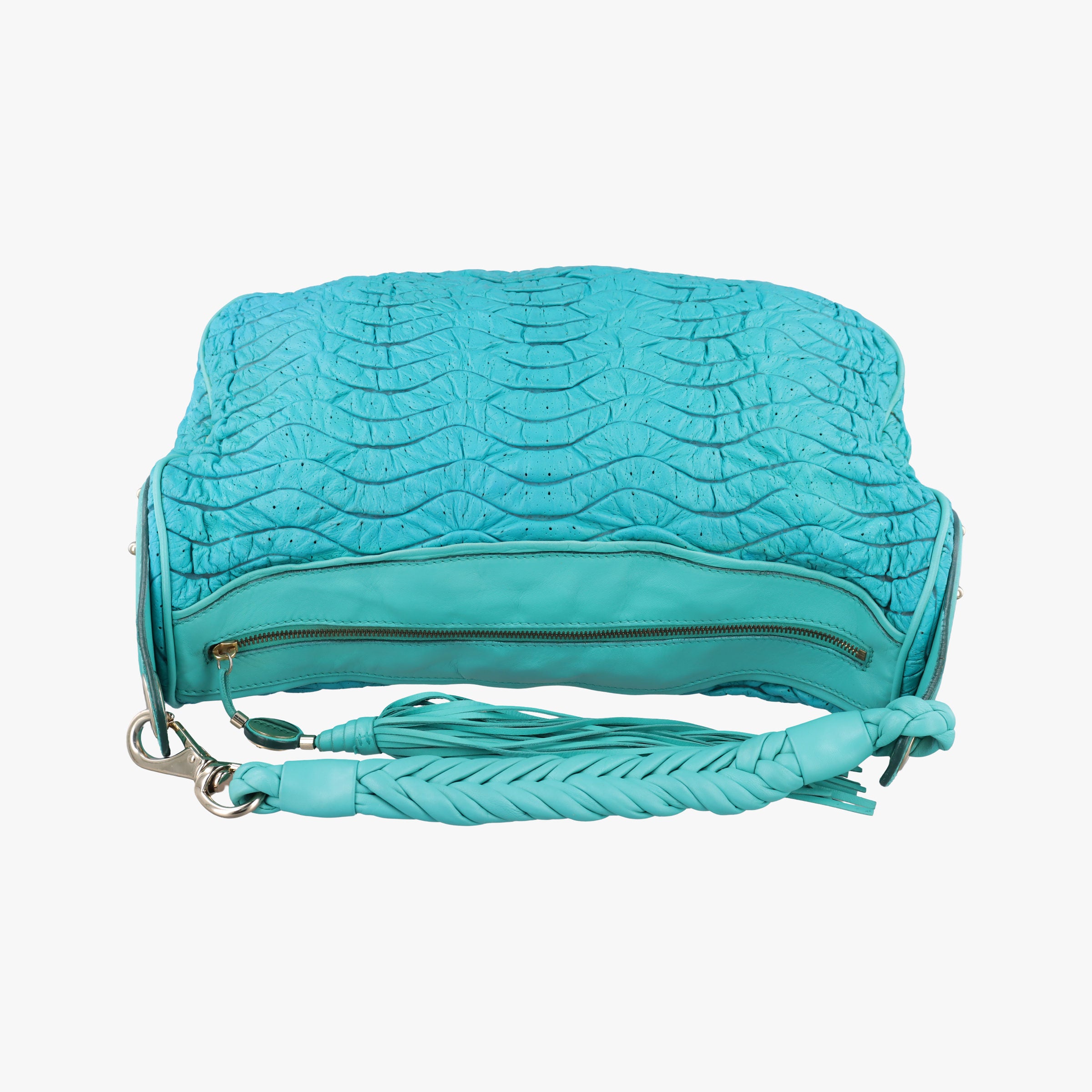 Pre-owned VERSACE Wavy Ruched Hobo Blue Lambskin  shoulderbag | stylenewstar