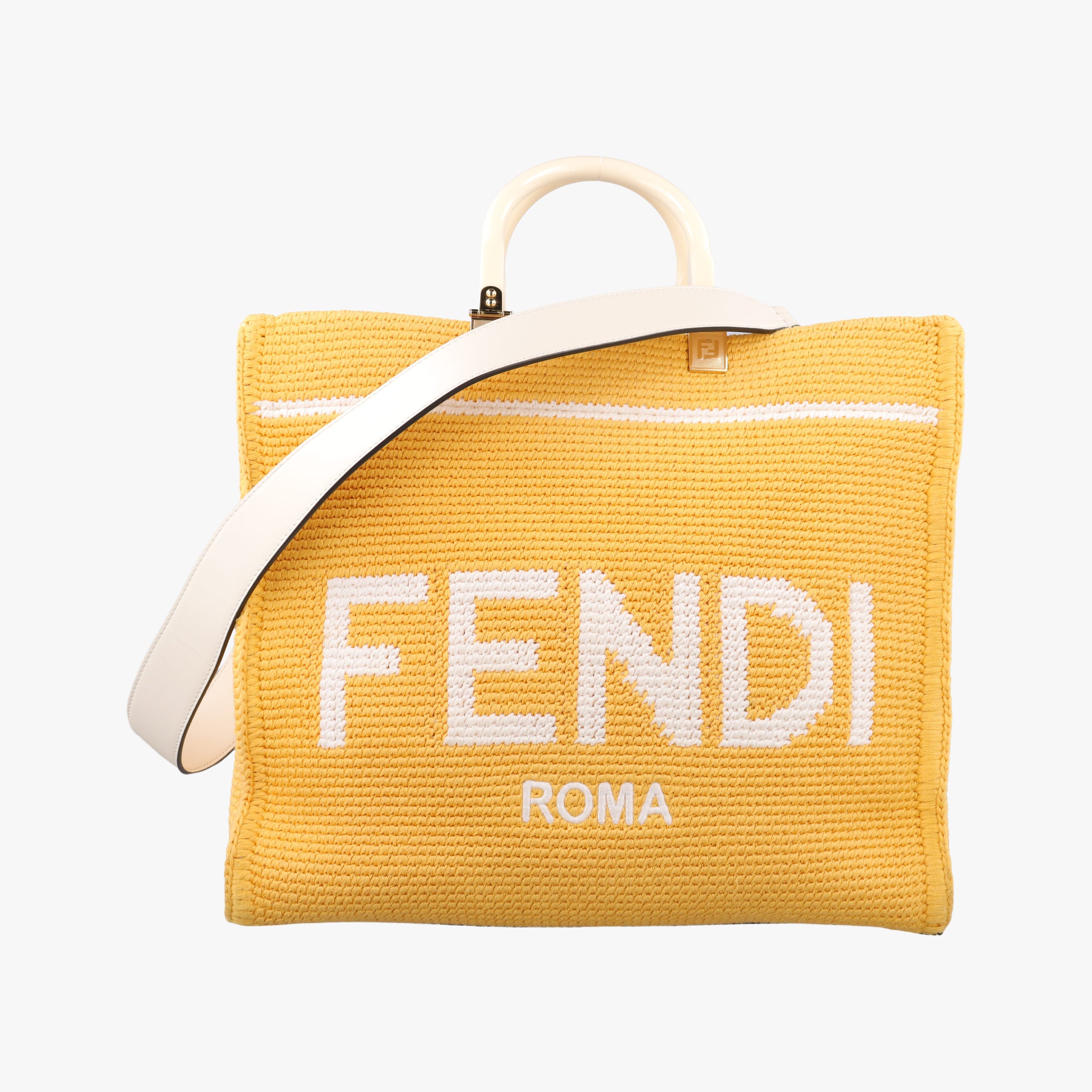 Pre-owned Fendi SUNSHINE Yellow Crochet×leather 8BH386 shoulderbag | stylenewstar