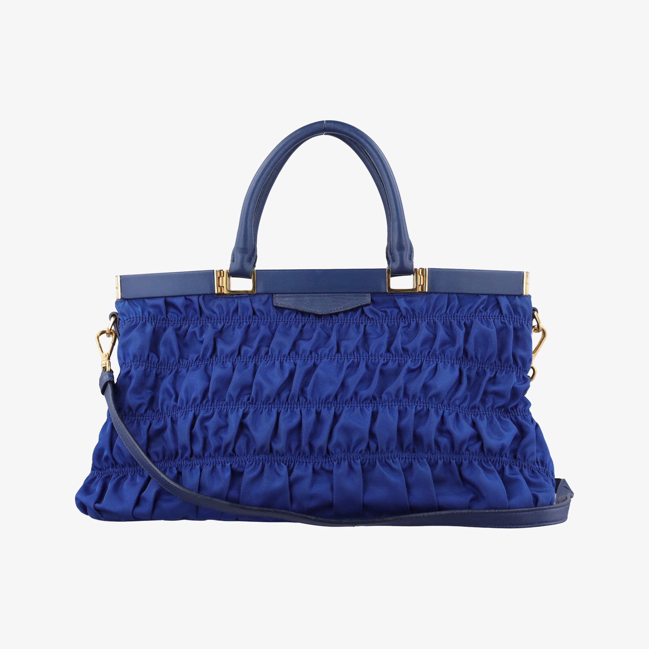 Pre-owned Prada gathered bag Blue Nylon x leather  shoulderbag | stylenewstar