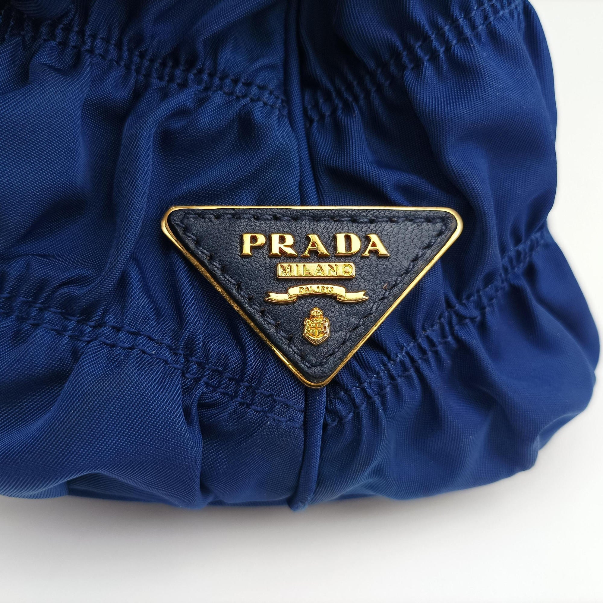 Pre-owned Prada gathered bag Blue Nylon x leather  shoulderbag | stylenewstar