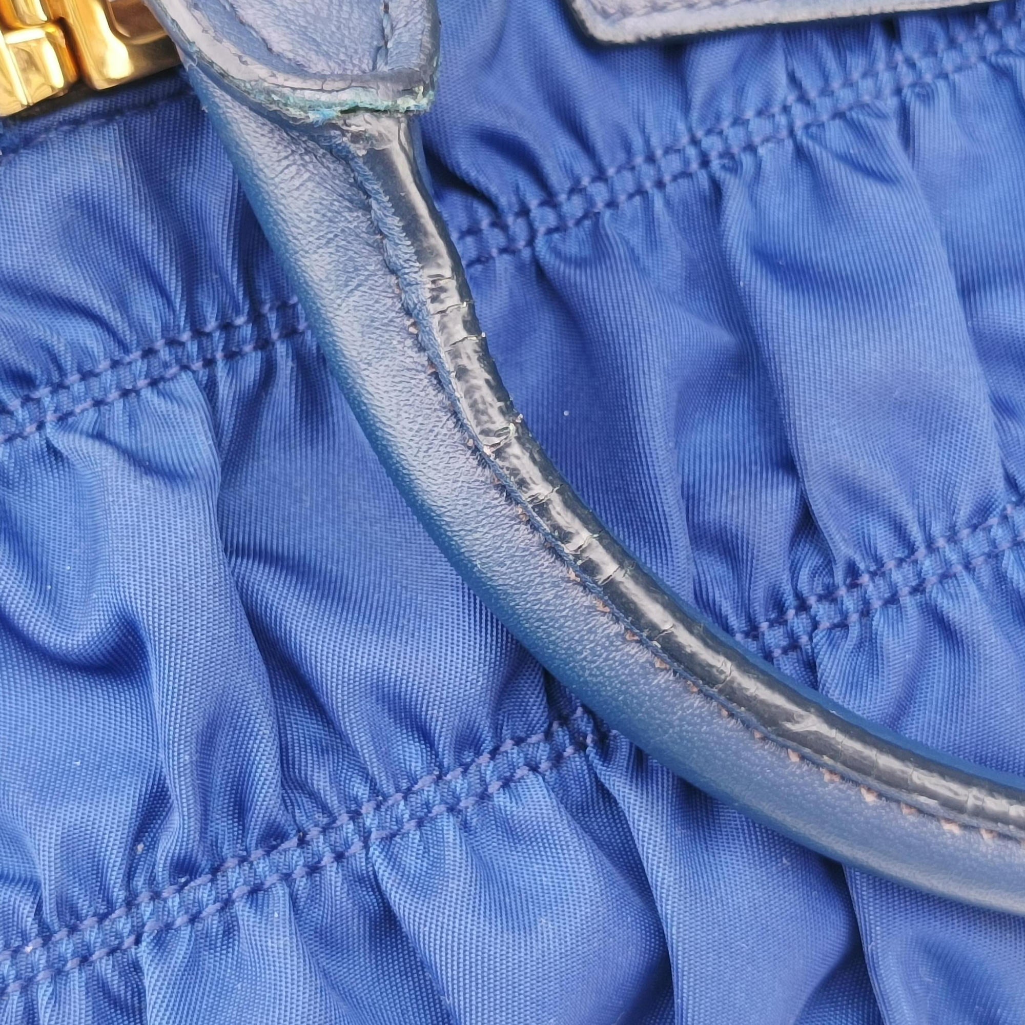 Pre-owned Prada gathered bag Blue Nylon x leather  shoulderbag | stylenewstar