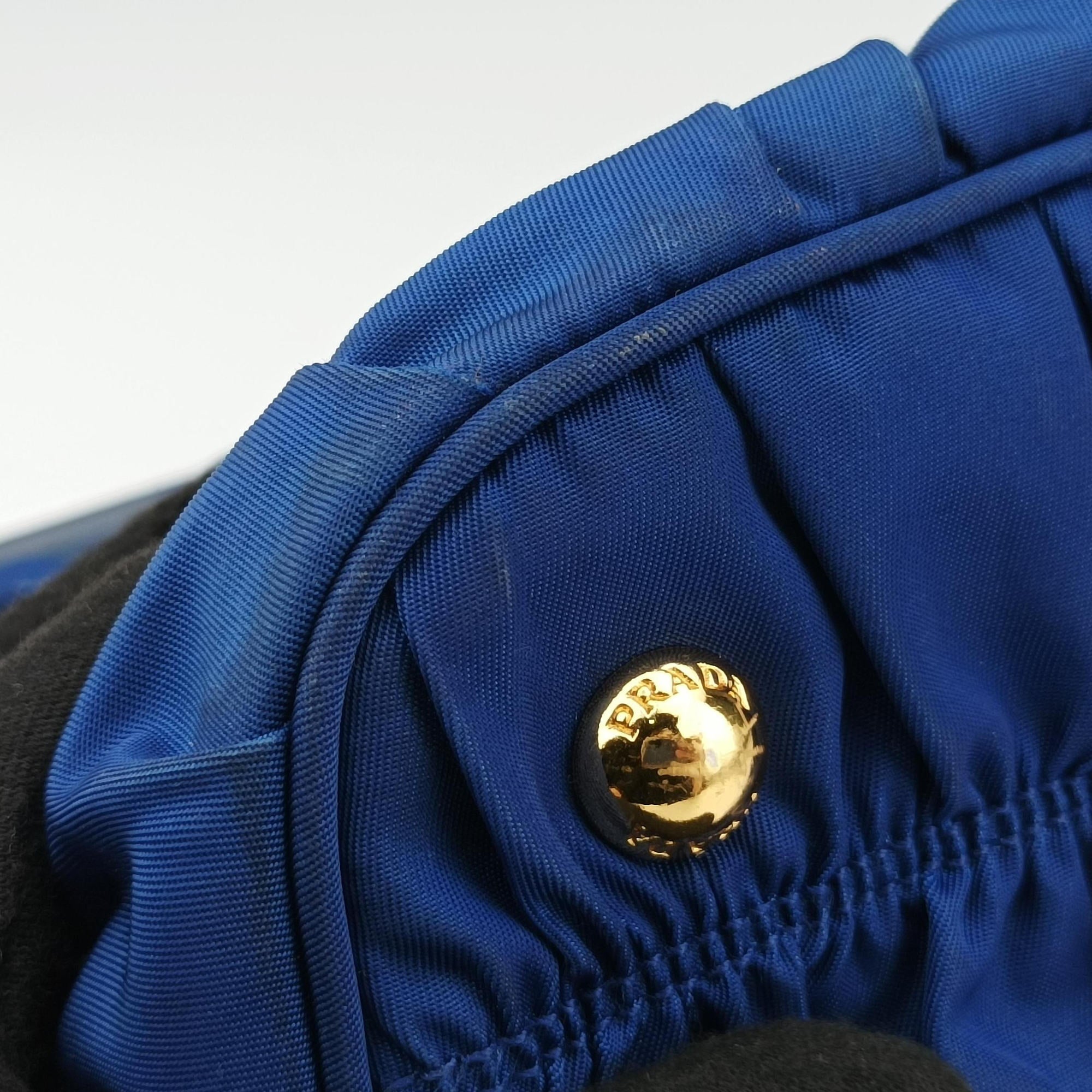 Pre-owned Prada gathered bag Blue Nylon x leather  shoulderbag | stylenewstar