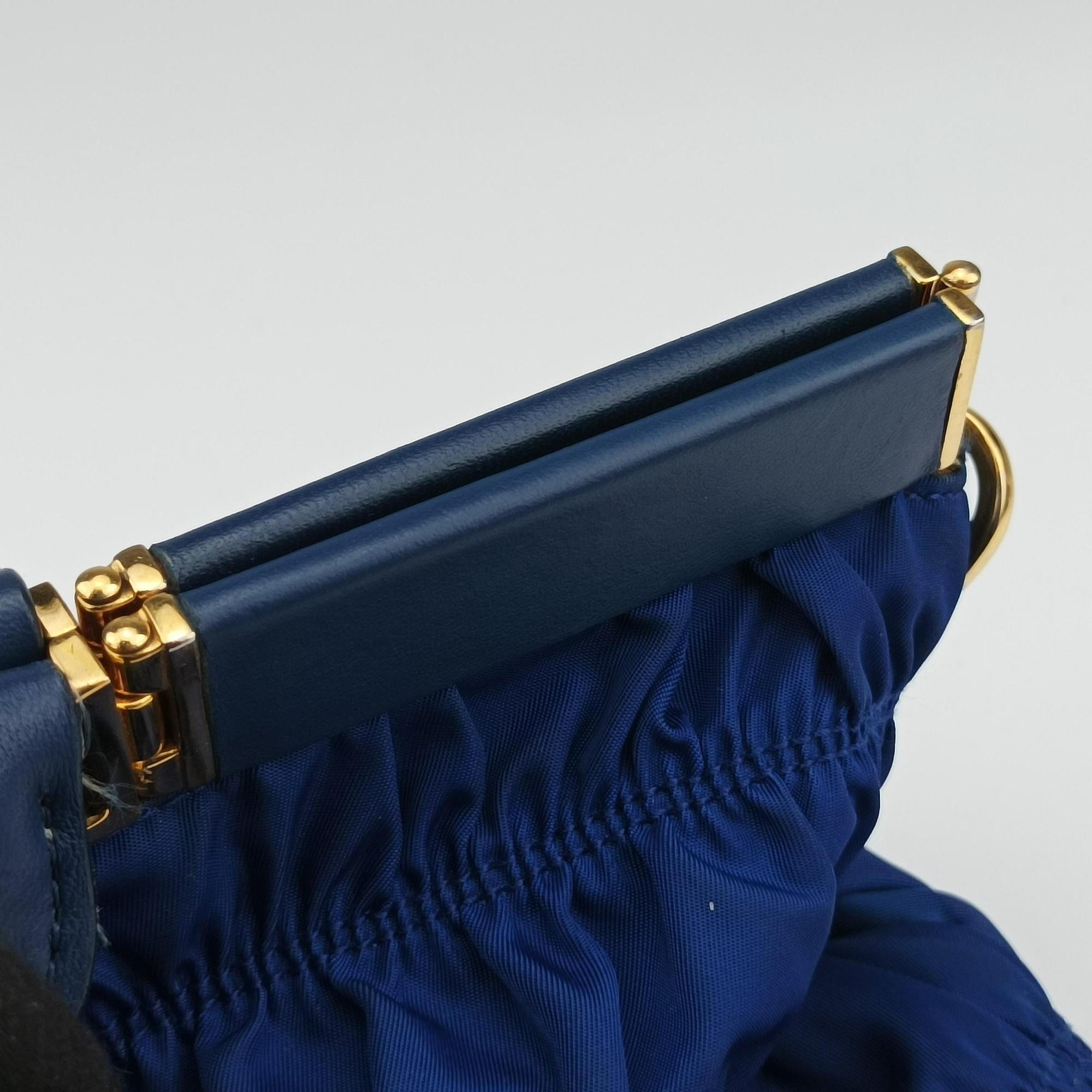 Pre-owned Prada gathered bag Blue Nylon x leather  shoulderbag | stylenewstar