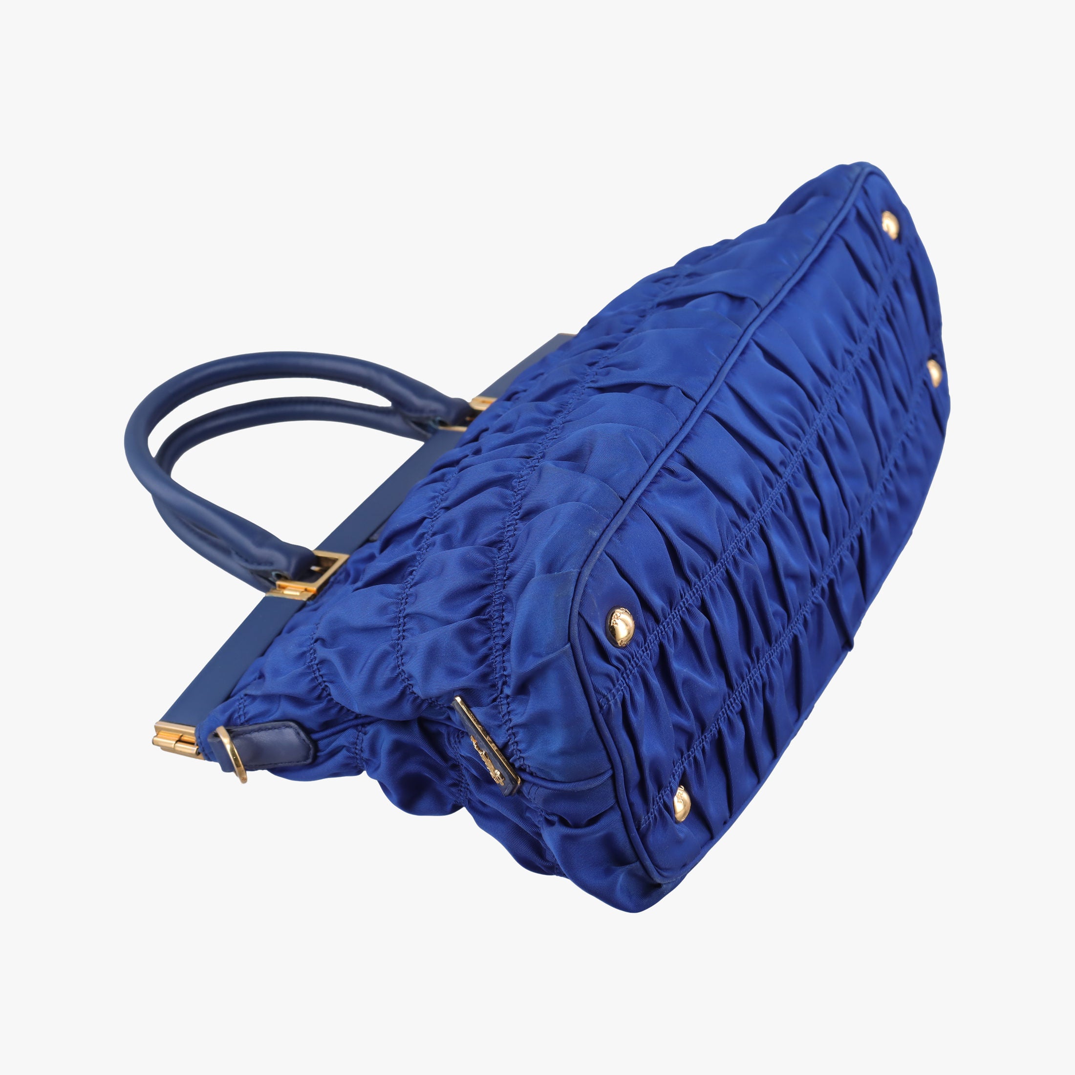 Pre-owned Prada gathered bag Blue Nylon x leather  shoulderbag | stylenewstar