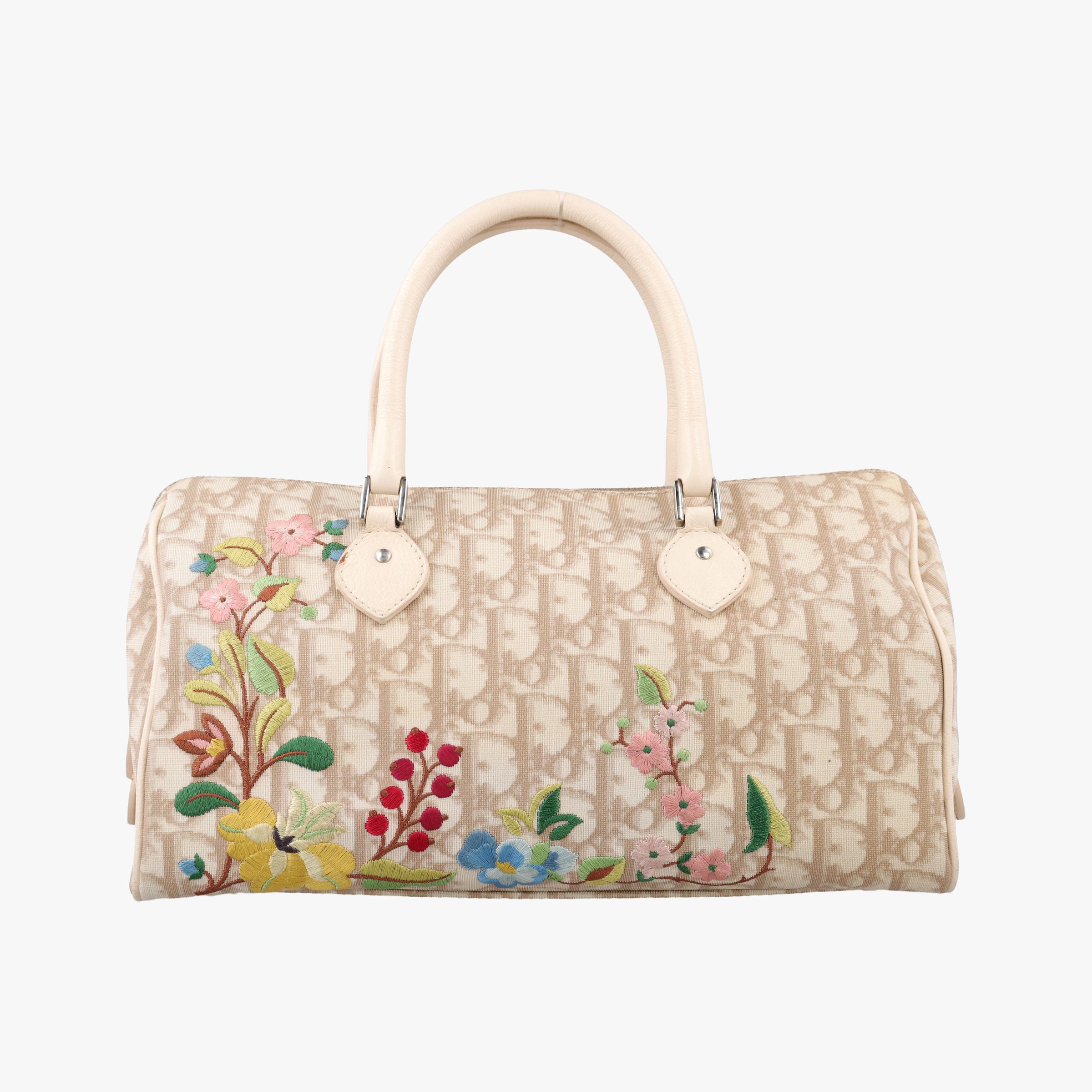 Pre-owned Christian Dior Trotter Boston Beige PVC Coated Canvas Floral Embroidery  handbag | stylenewstar