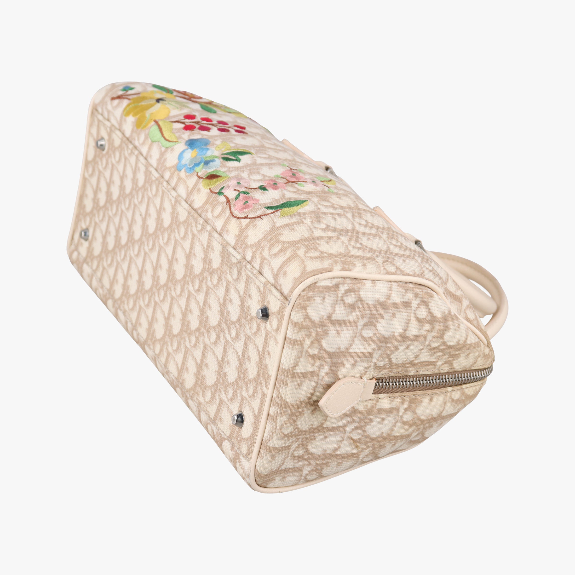 Pre-owned Christian Dior Trotter Boston Beige PVC Coated Canvas Floral Embroidery  handbag | stylenewstar