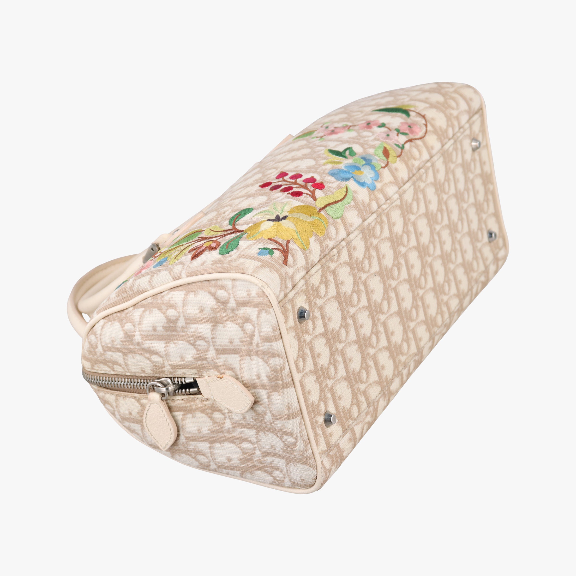 Pre-owned Christian Dior Trotter Boston Beige PVC Coated Canvas Floral Embroidery  handbag | stylenewstar