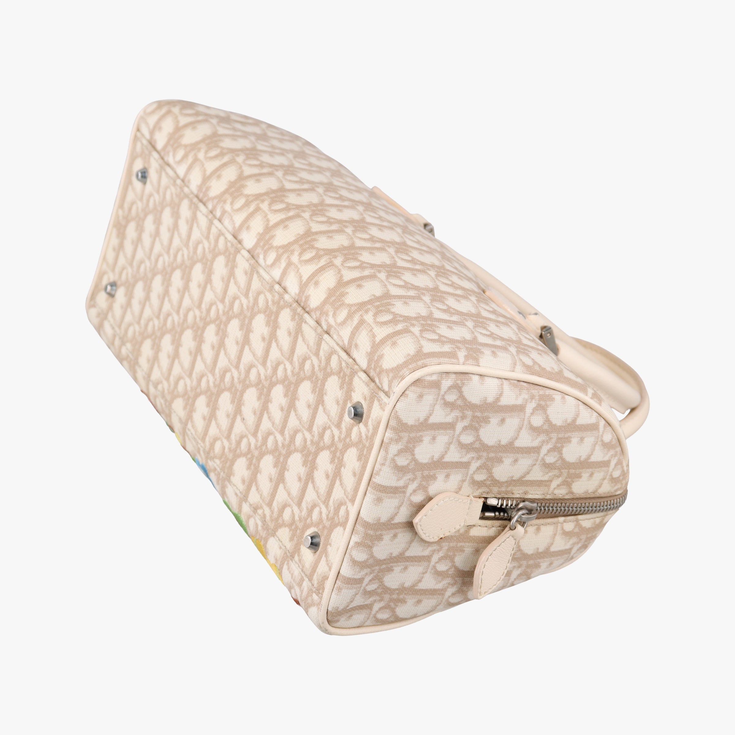 Pre-owned Christian Dior Trotter Boston Beige PVC Coated Canvas Floral Embroidery  handbag | stylenewstar
