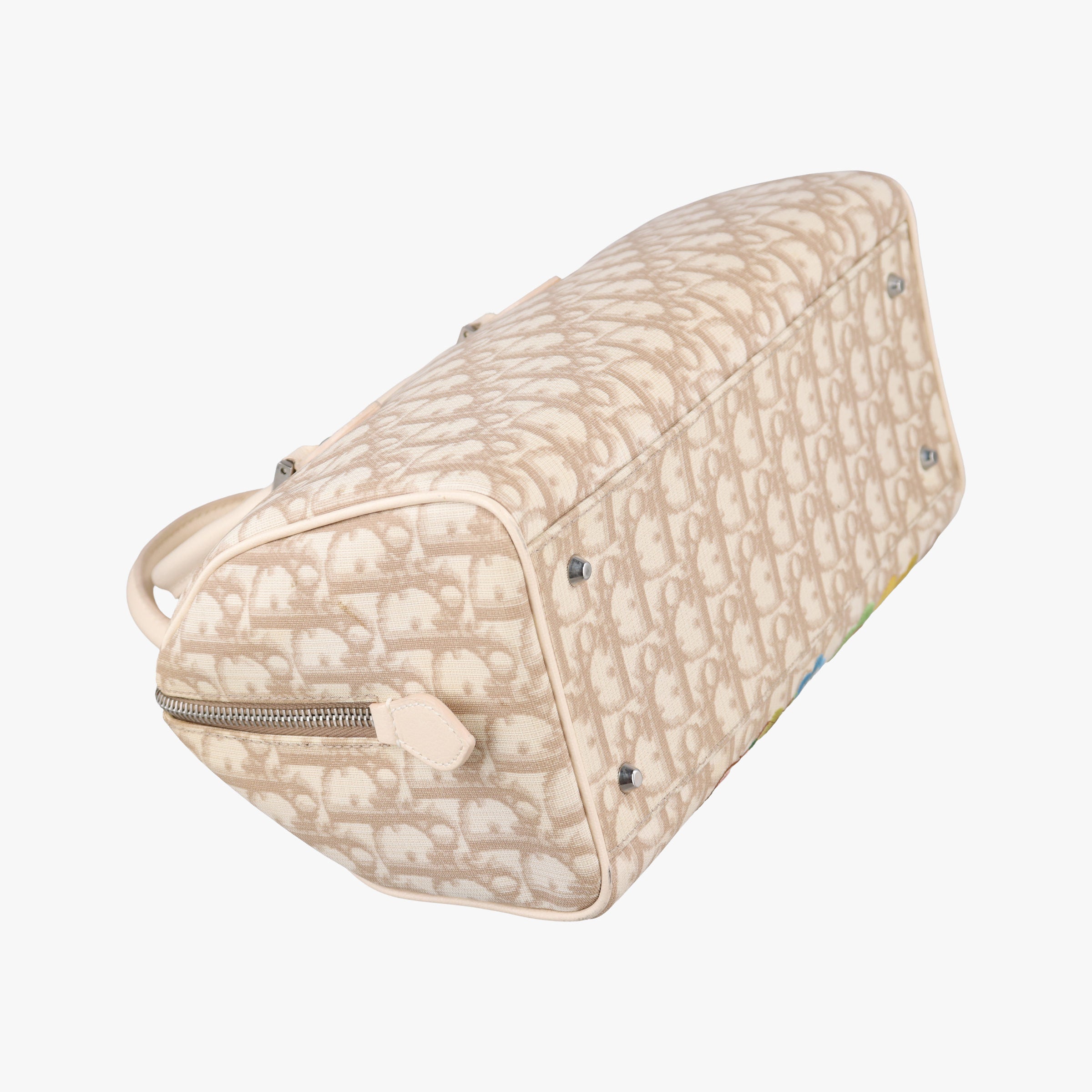 Pre-owned Christian Dior Trotter Boston Beige PVC Coated Canvas Floral Embroidery  handbag | stylenewstar