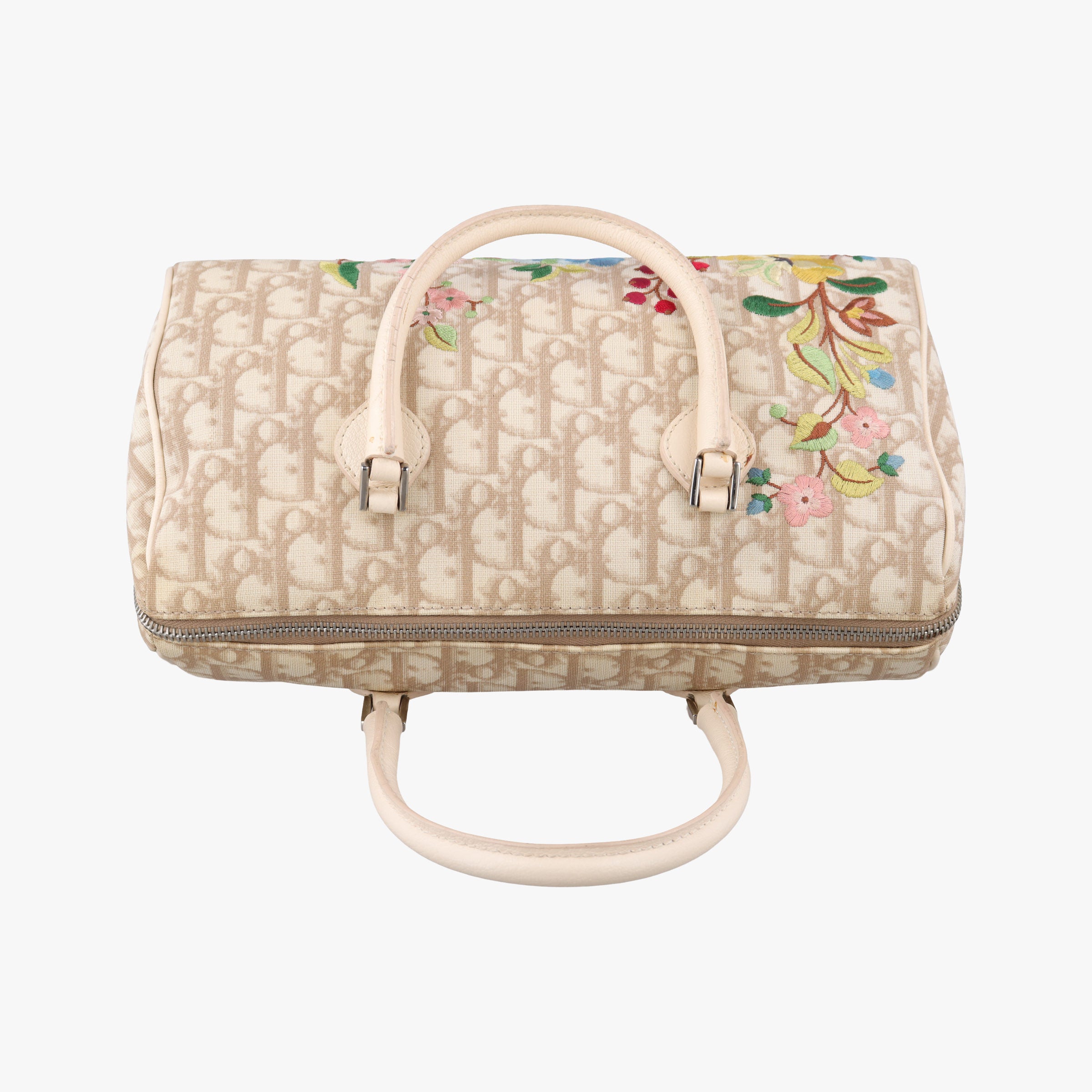 Pre-owned Christian Dior Trotter Boston Beige PVC Coated Canvas Floral Embroidery  handbag | stylenewstar