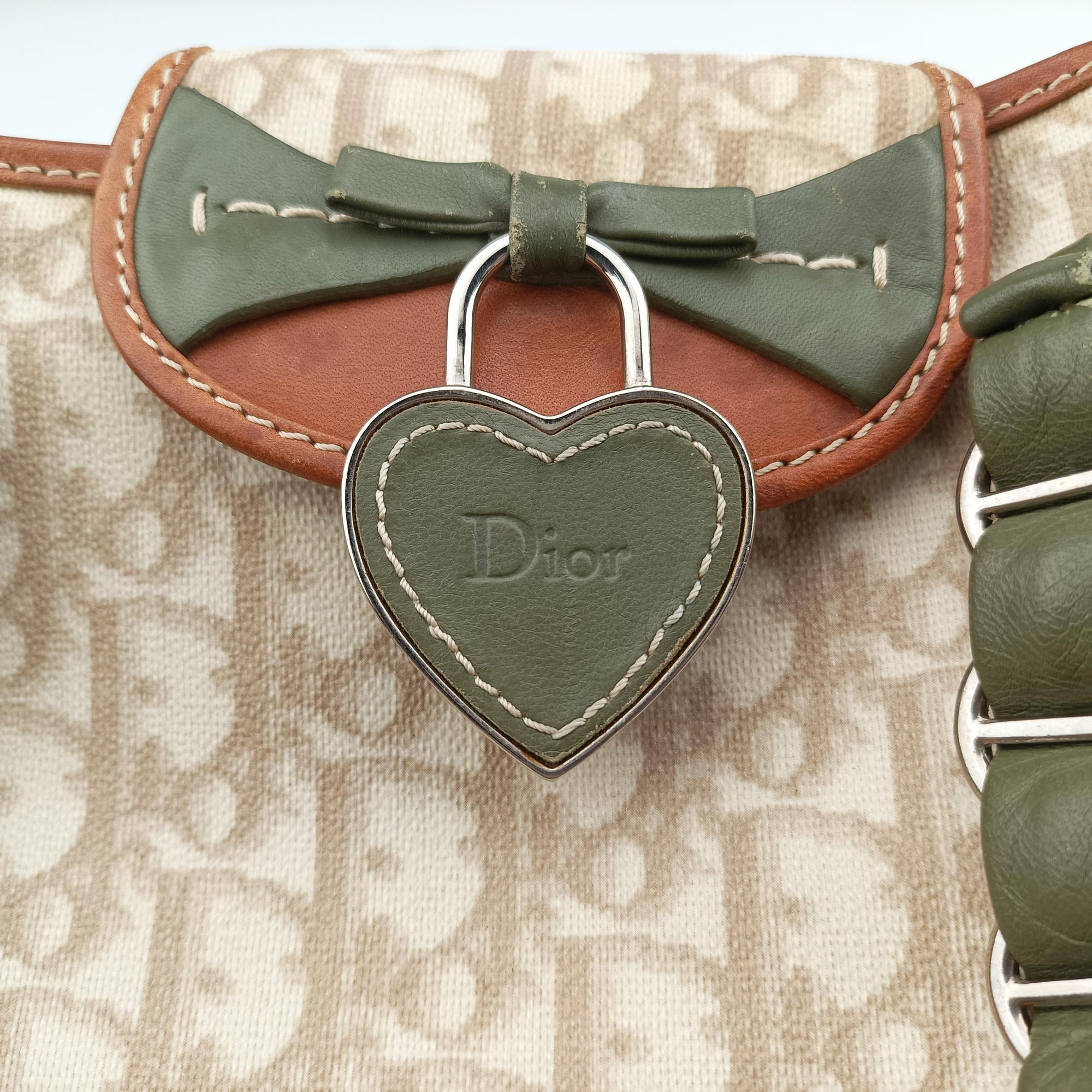 Secondhand Christian Dior Romantique Trotter Beige x White x Greenx Brown PVC Coated Canvas x leather  shoulderbag | stylenewstar