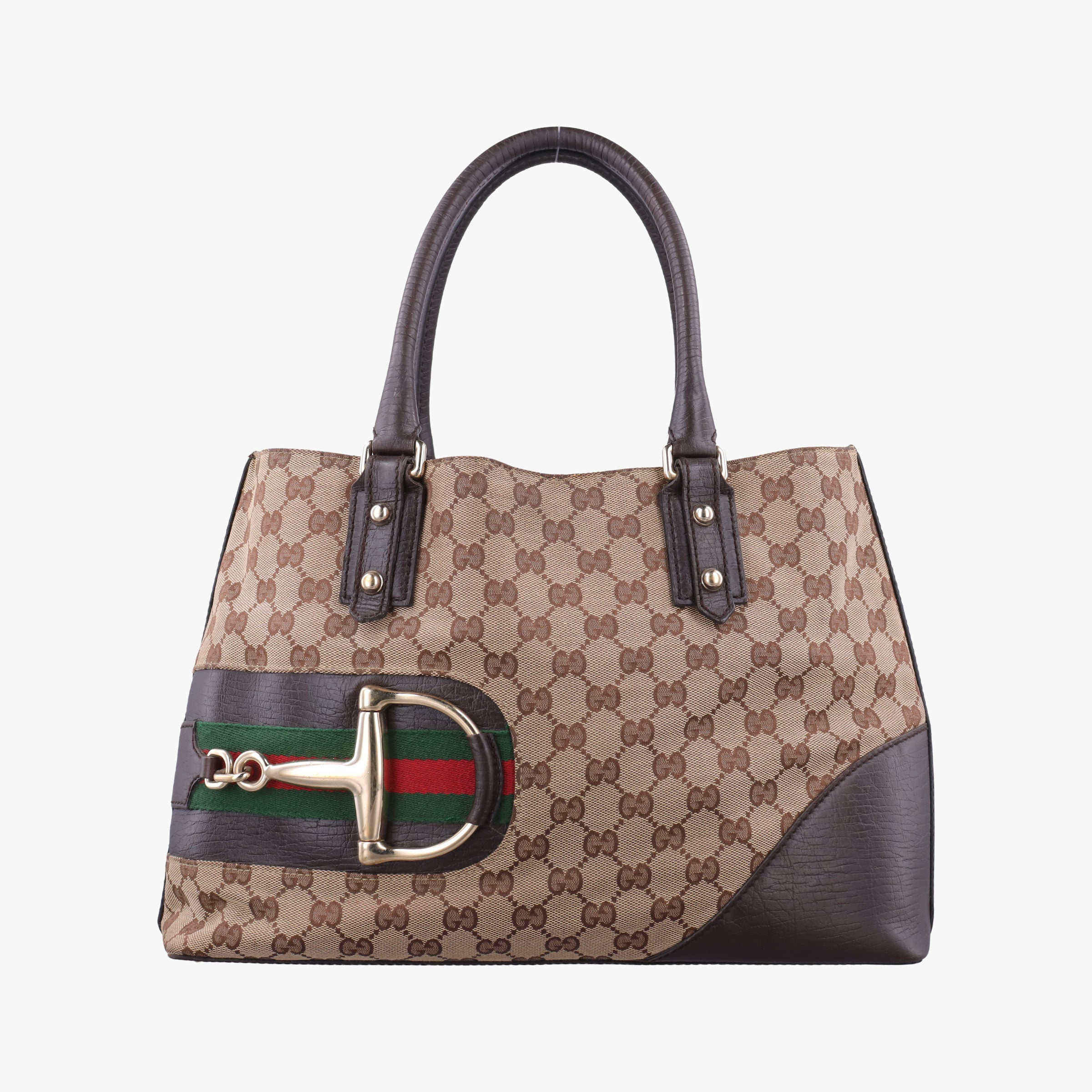 Pre-owned Gucci Horsebit Hasler beige×Brown canvas×leather 137385 handbag | stylenewstar