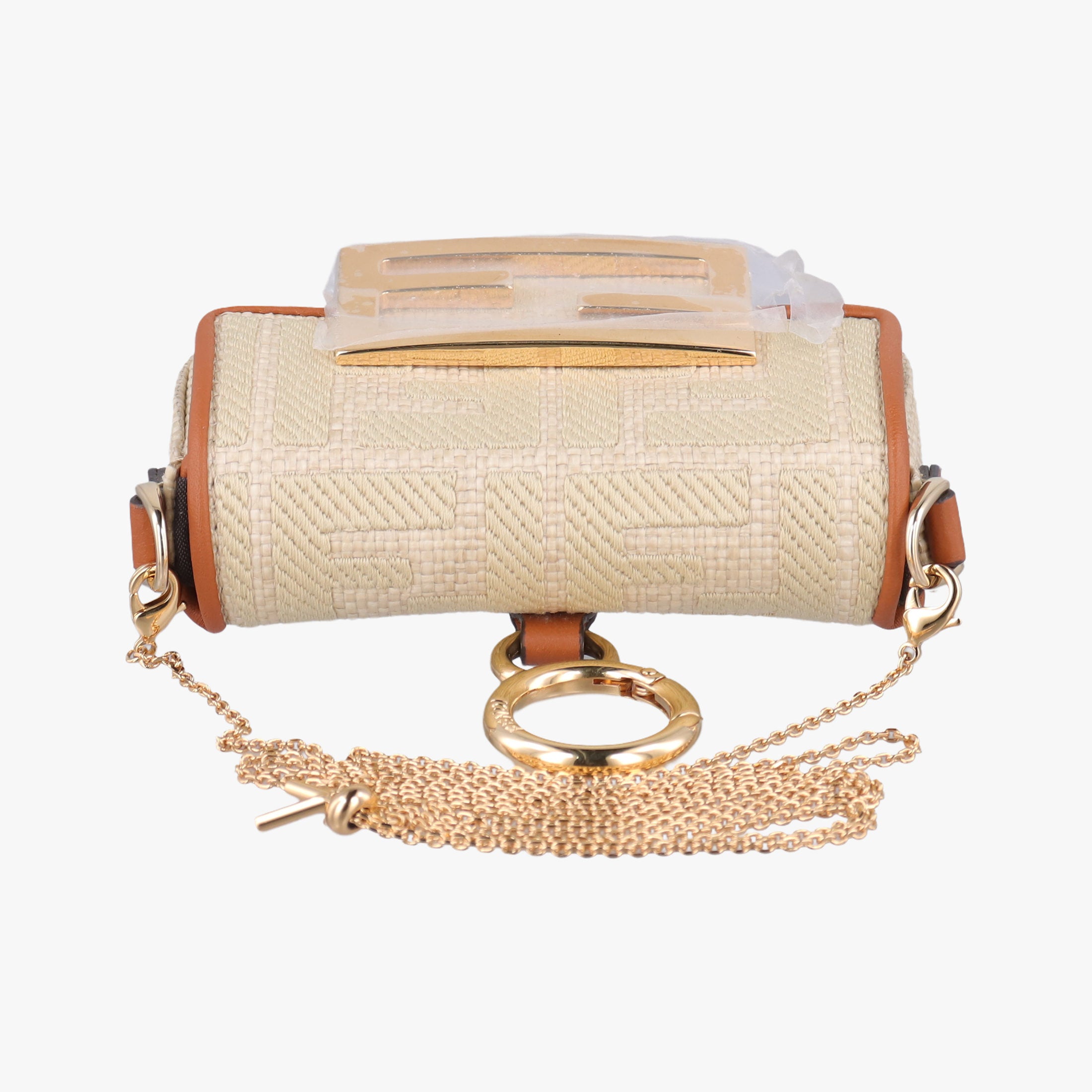 Pre-owned Fendi Nano Baguette Charm Beige fabricxstraw 7AS045 shoulderbag | stylenewstar