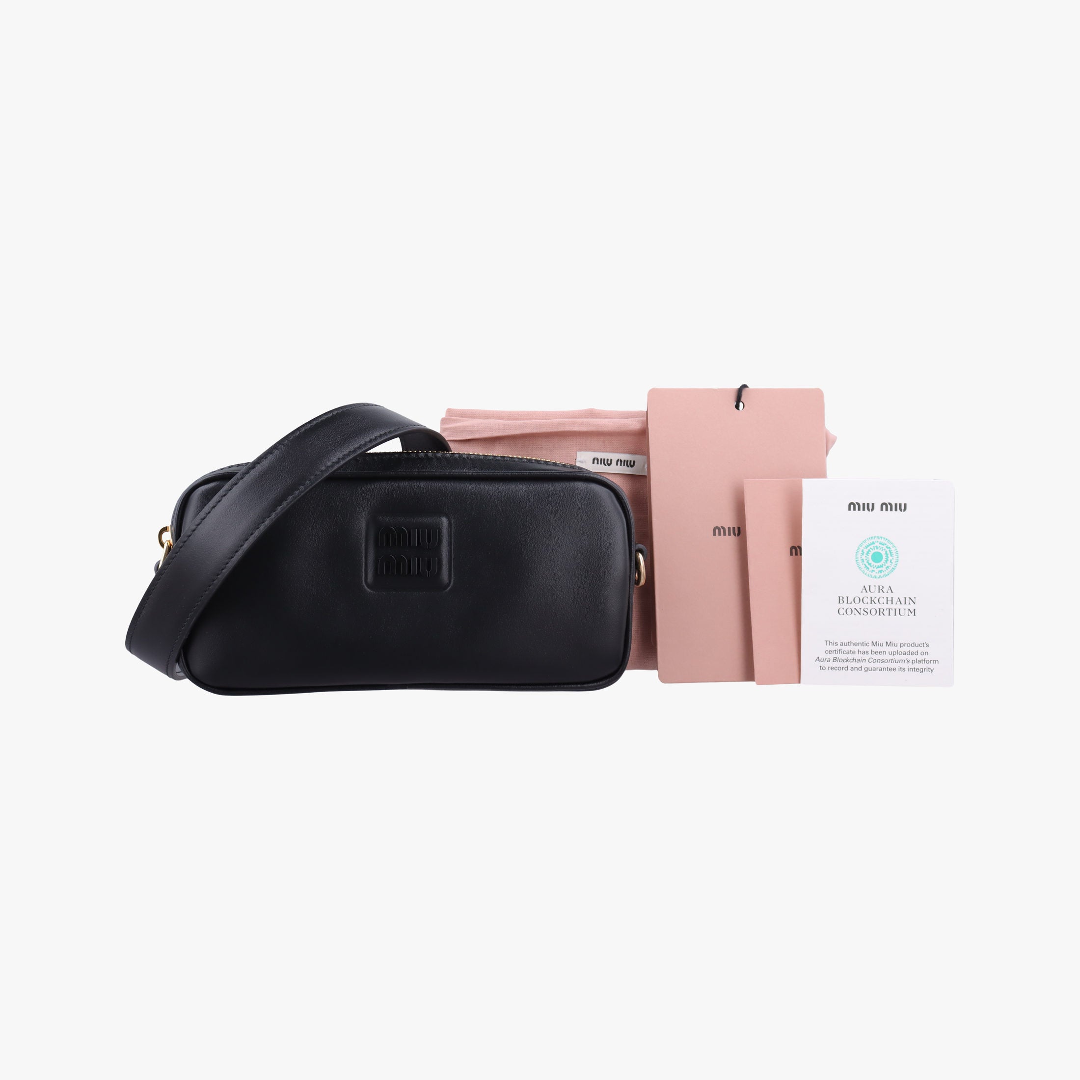 Pre-owned Miu Miu Logo belt Black leather  bum bag/waist bag | stylenewstar