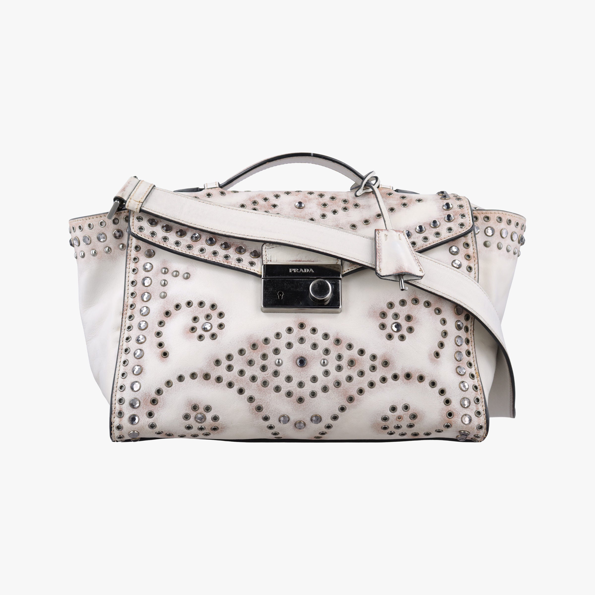 Pre-owned Prada Vitello Vintage Studded Sound White Leather  shoulderbag | stylenewstar
