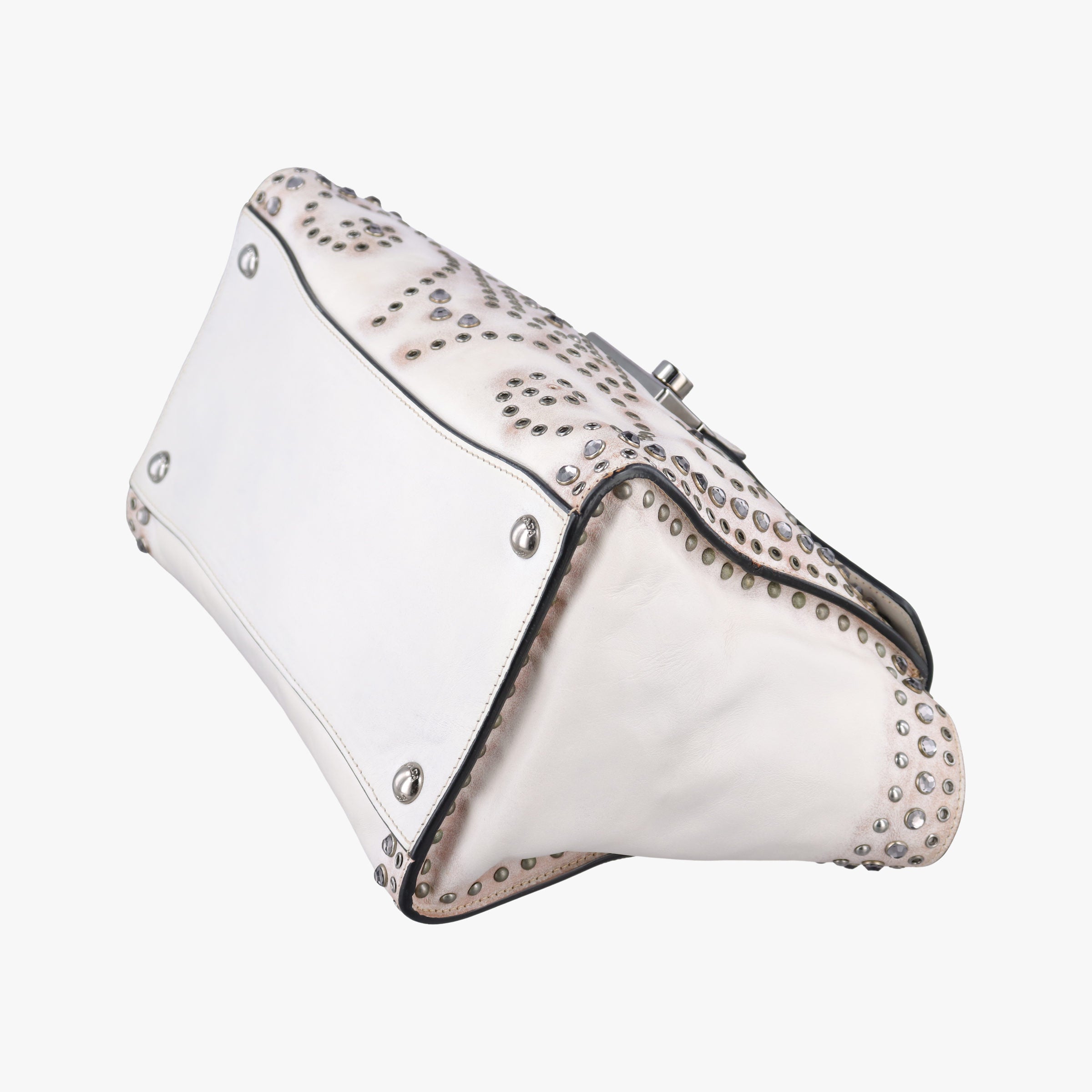 Pre-owned Prada Vitello Vintage Studded Sound White Leather  shoulderbag | stylenewstar