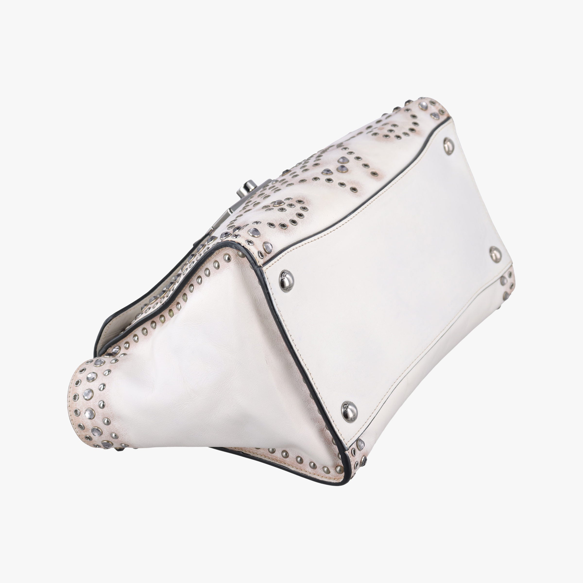 Pre-owned Prada Vitello Vintage Studded Sound White Leather  shoulderbag | stylenewstar