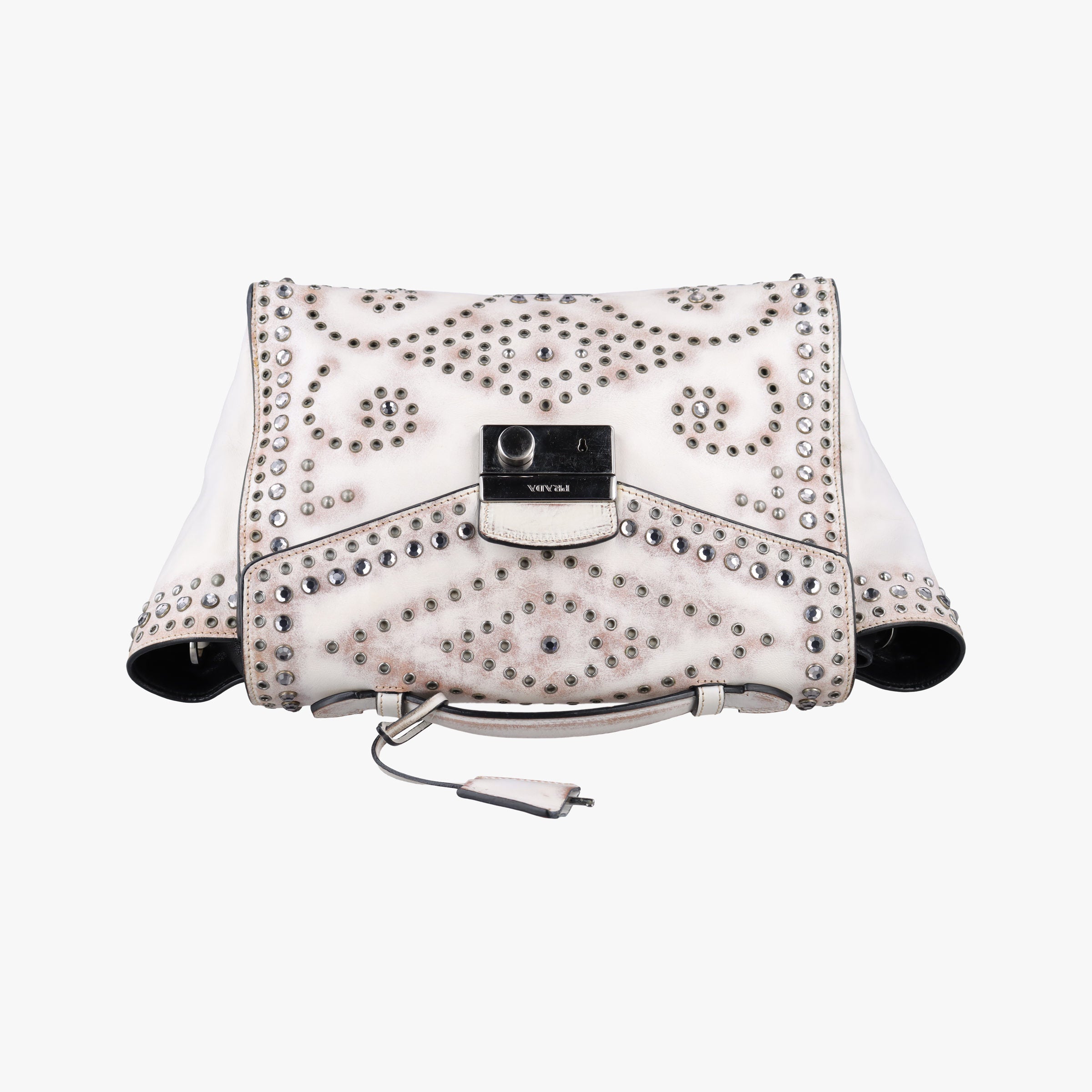 Pre-owned Prada Vitello Vintage Studded Sound White Leather  shoulderbag | stylenewstar