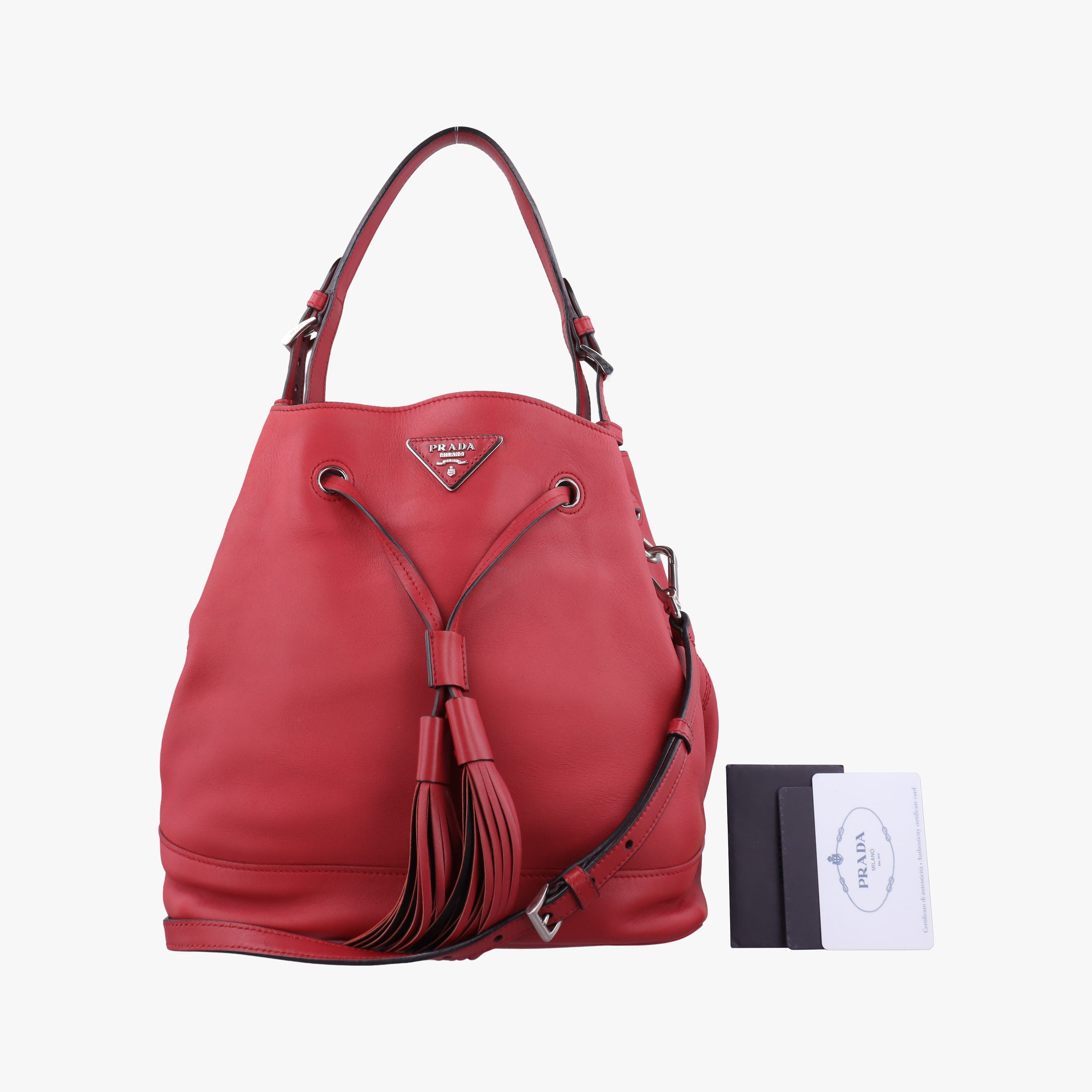 Pre-owned Prada Tassel Drawstring Bucket Red leather BR5069 shoulderbag | stylenewstar