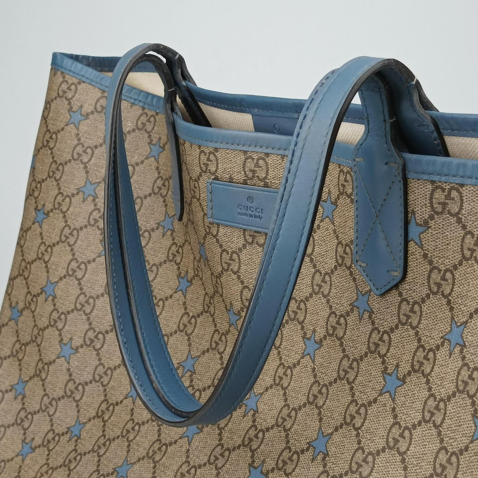 Pre-owned Gucci GG Plus GG Supreme beige×blue PVC coated canvas×Leather 309498 shoulderbag | stylenewstar