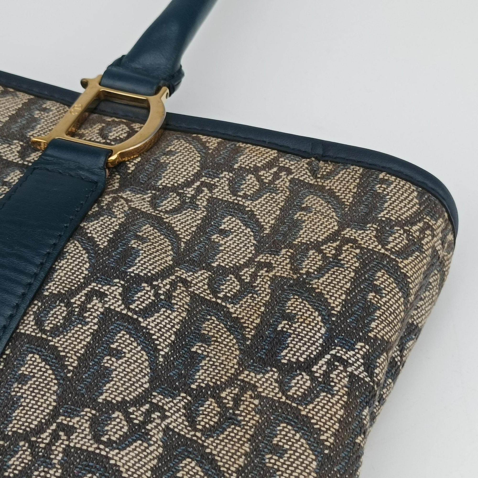 Pre-owned Christian Dior Trotter Tote Navy Jacquard × Leather  handbag | stylenewstar