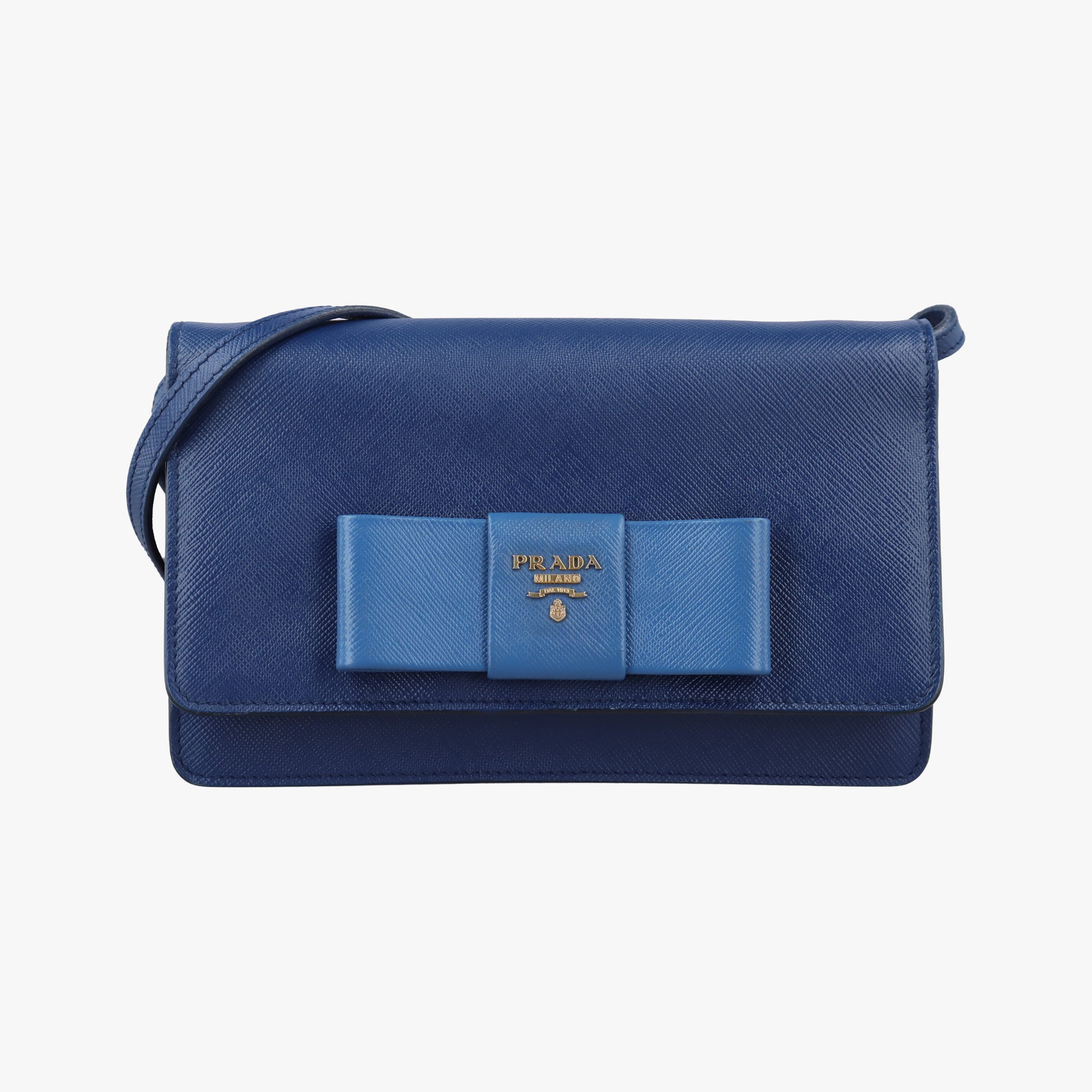 Pre-owned Prada Ribbon Blue x Black Leather×SAFFIANO Leather 1BH009 shoulderbag | stylenewstar