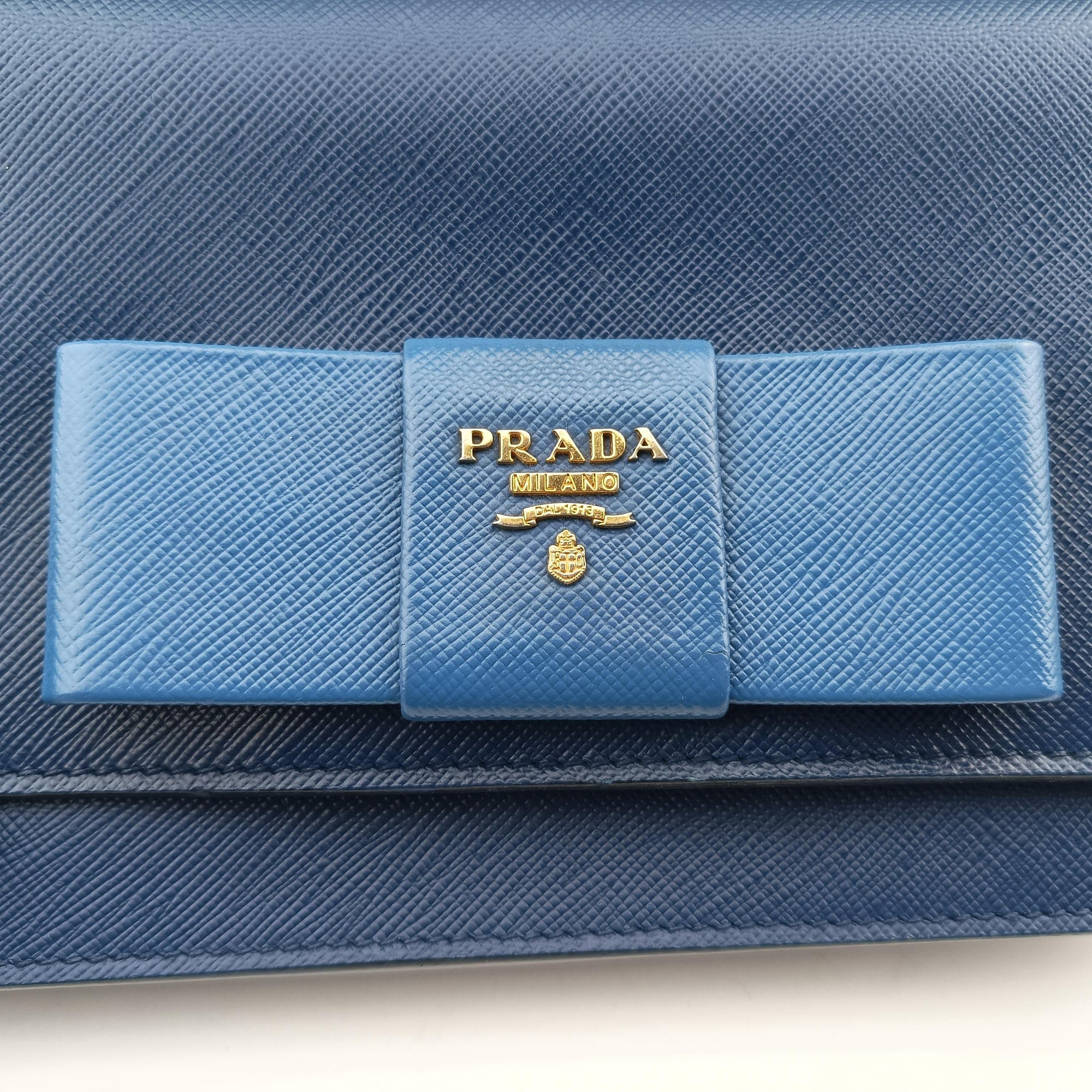 Pre-owned Prada Ribbon Blue x Black Leather×SAFFIANO Leather 1BH009 shoulderbag | stylenewstar