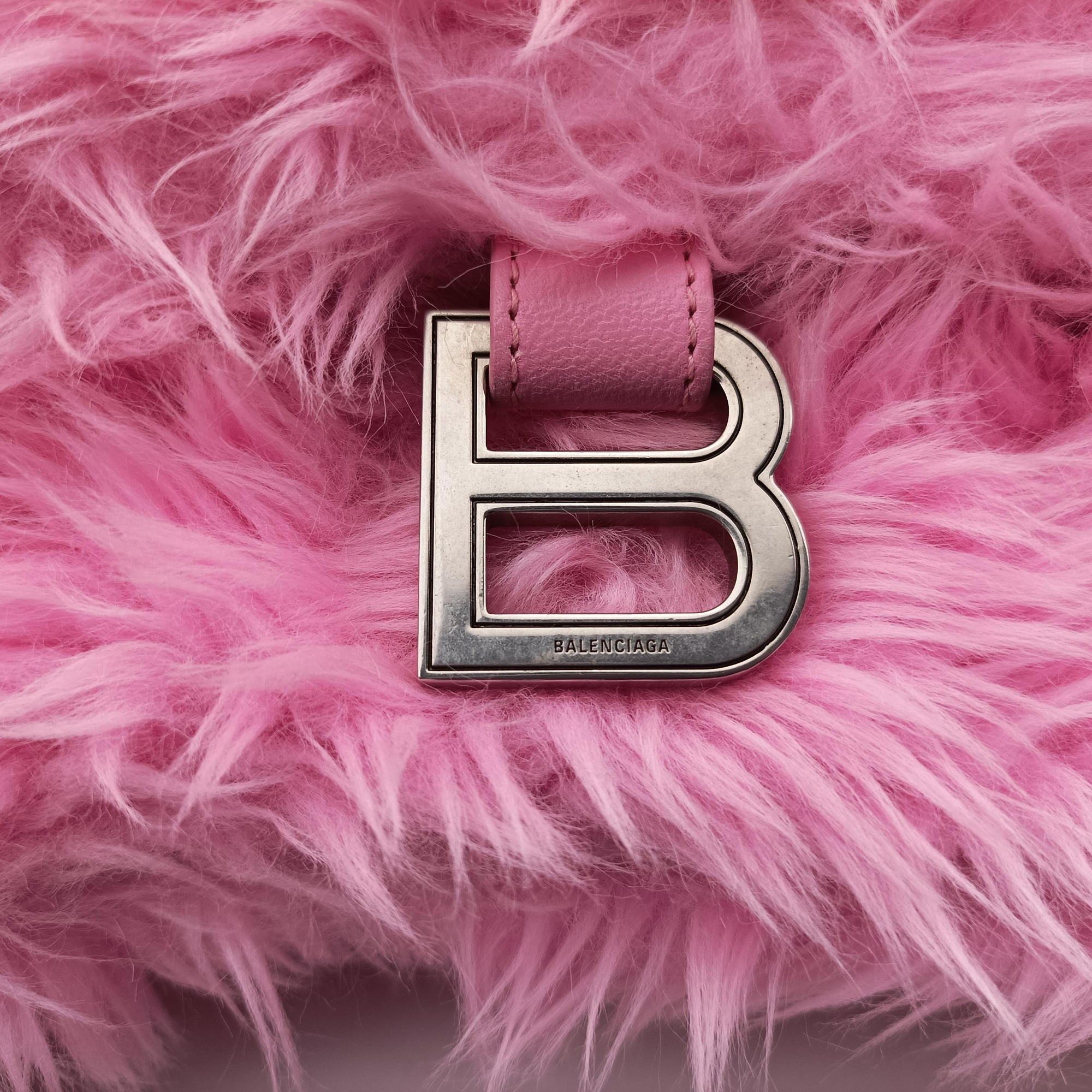 Pre-owned Balenciaga Hourglass Pink Faux fur  shoulderbag | stylenewstar