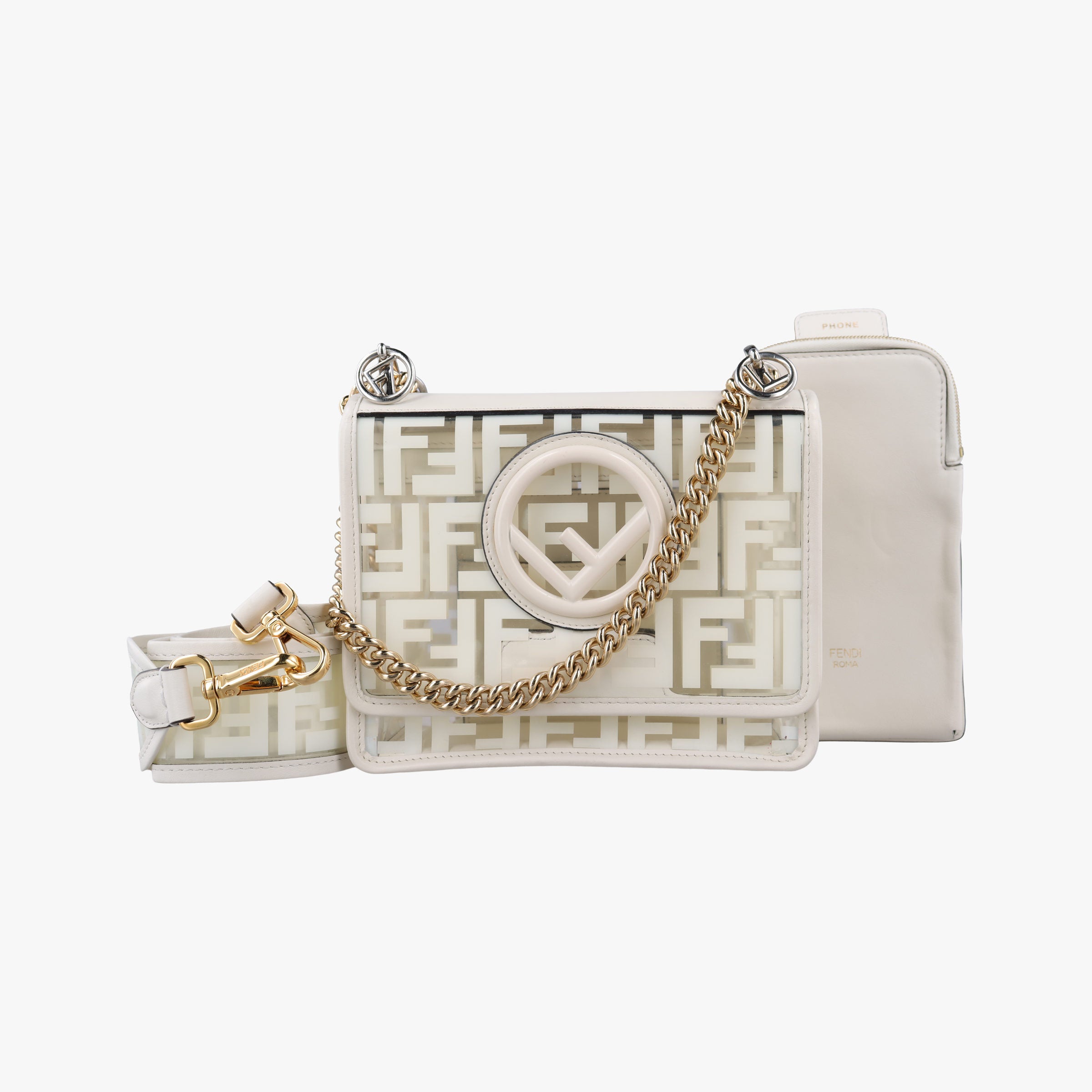 Pre-owned Fendi KAN I F White PVC coated canvas×Leather 8BT286 shoulderbag | stylenewstar