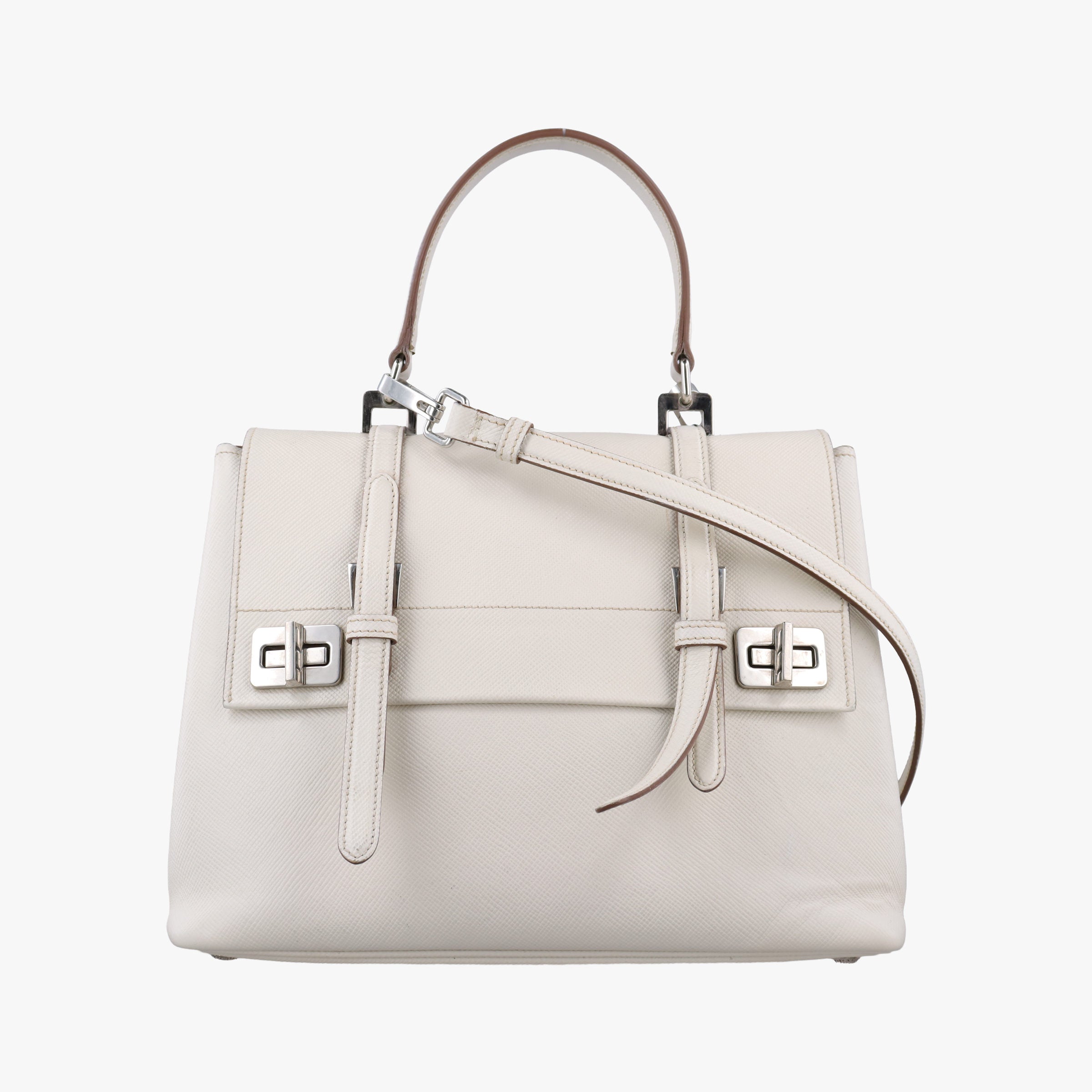 Pre-owned Prada Half Flap Double Turn Lock White SAFFIANO Leather BN2821 shoulderbag | stylenewstar