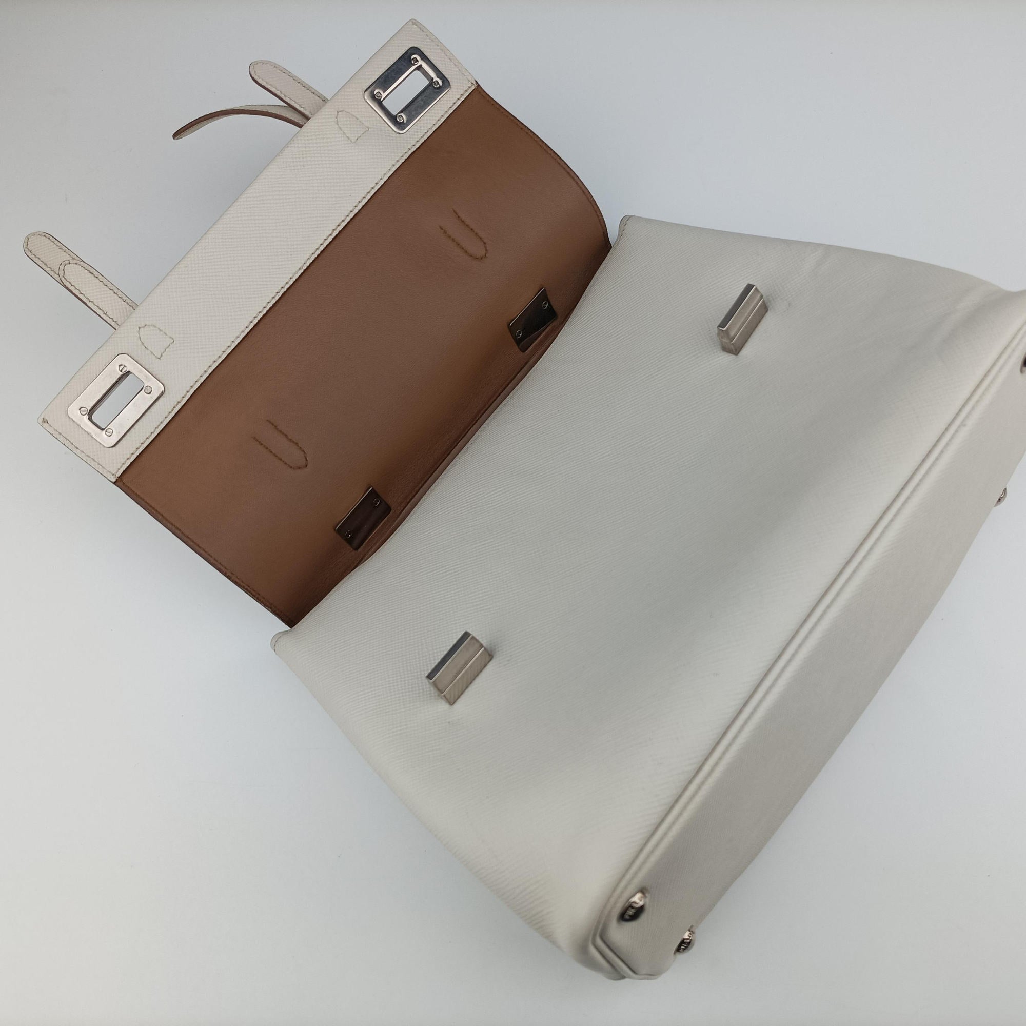 Pre-owned Prada Half Flap Double Turn Lock White SAFFIANO Leather BN2821 shoulderbag | stylenewstar