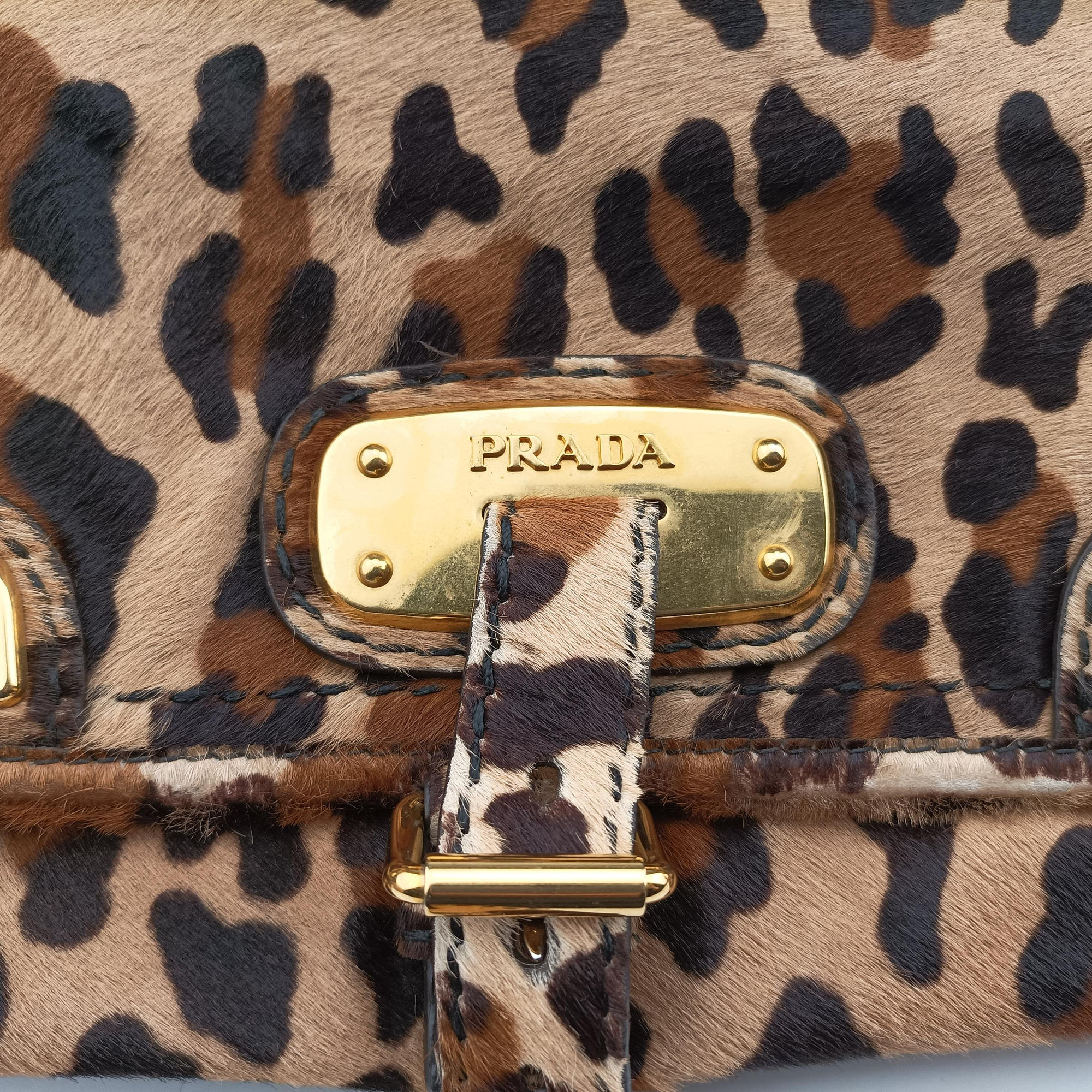 Pre-owned Prada Leopard Print Brown×Multicolour ponyhair  shoulderbag | stylenewstar