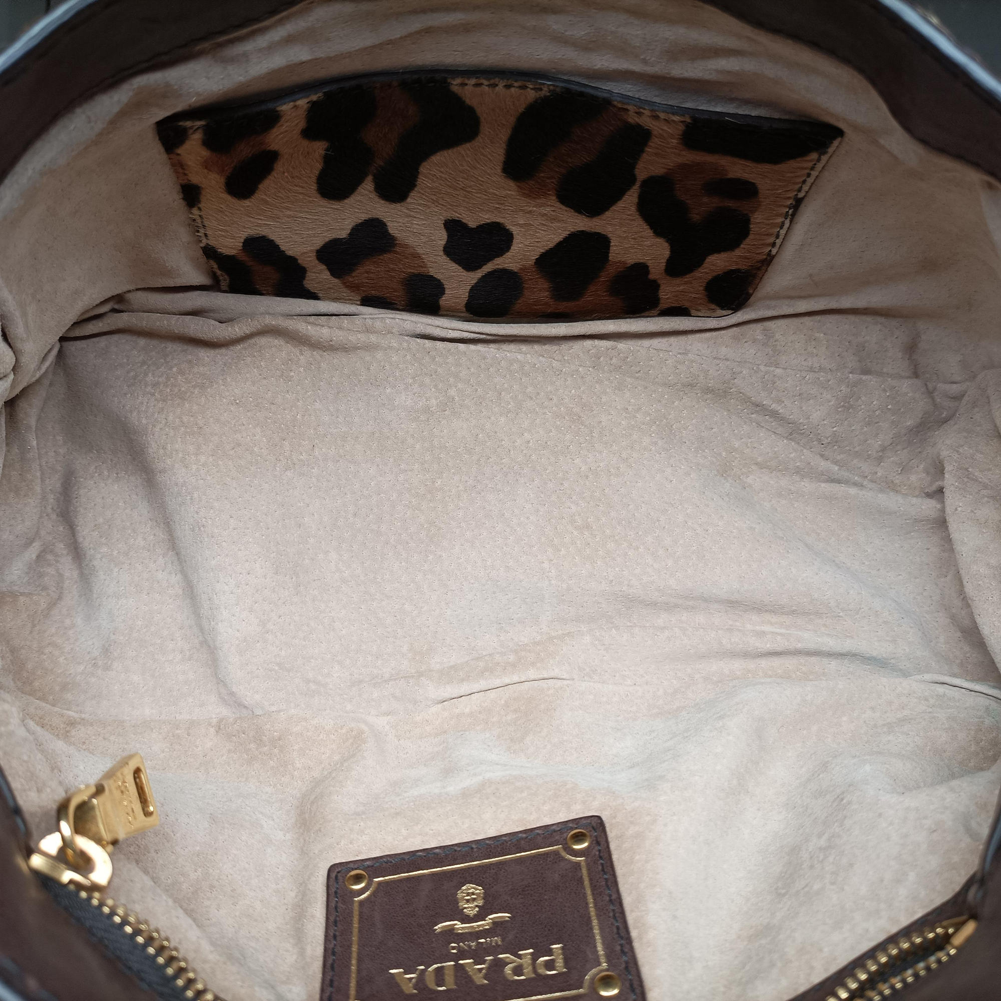 Pre-owned Prada Leopard Print Brown×Multicolour ponyhair  shoulderbag | stylenewstar