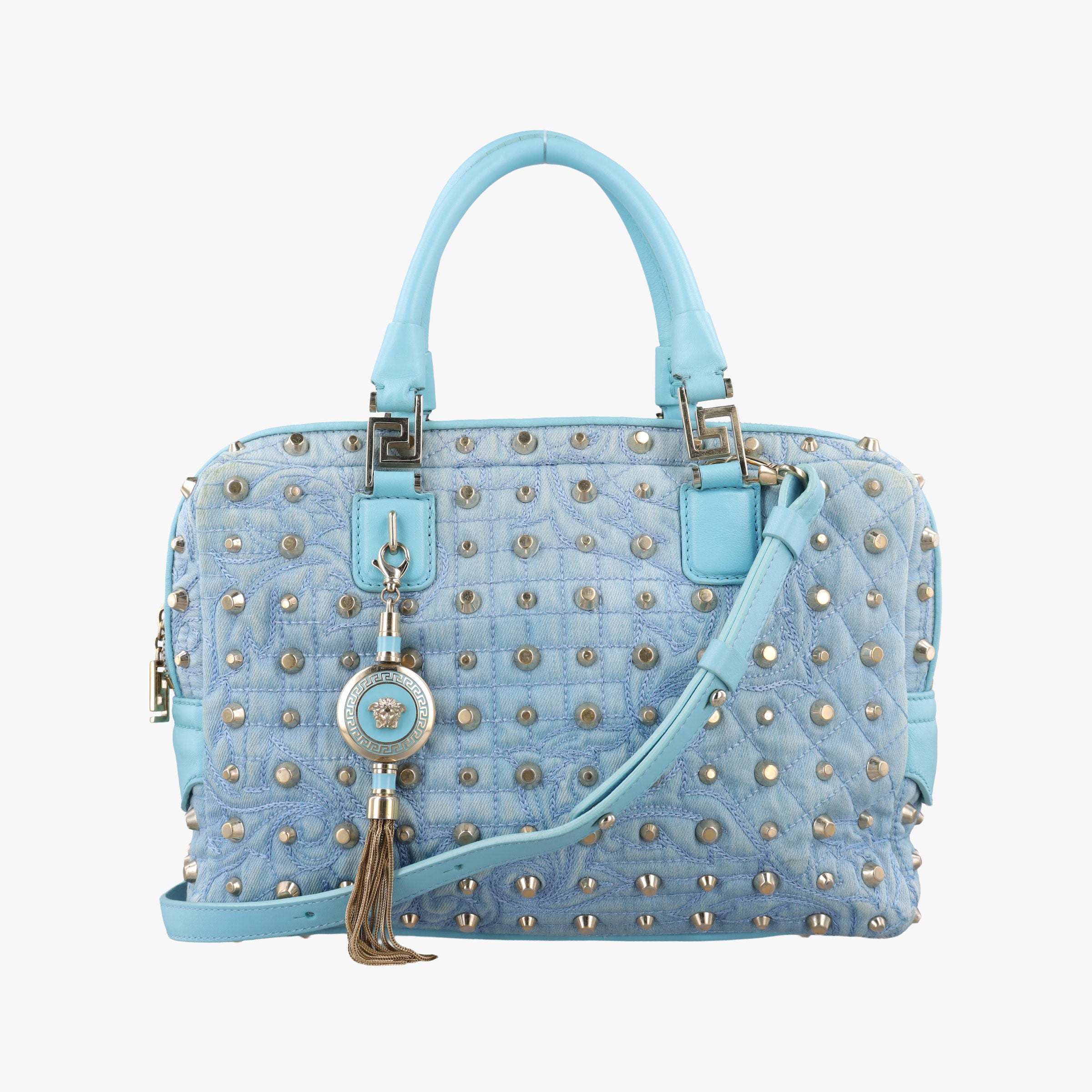 Pre-owned VERSACE Vanitas Studded Blue denimxLeather  shoulderbag | stylenewstar