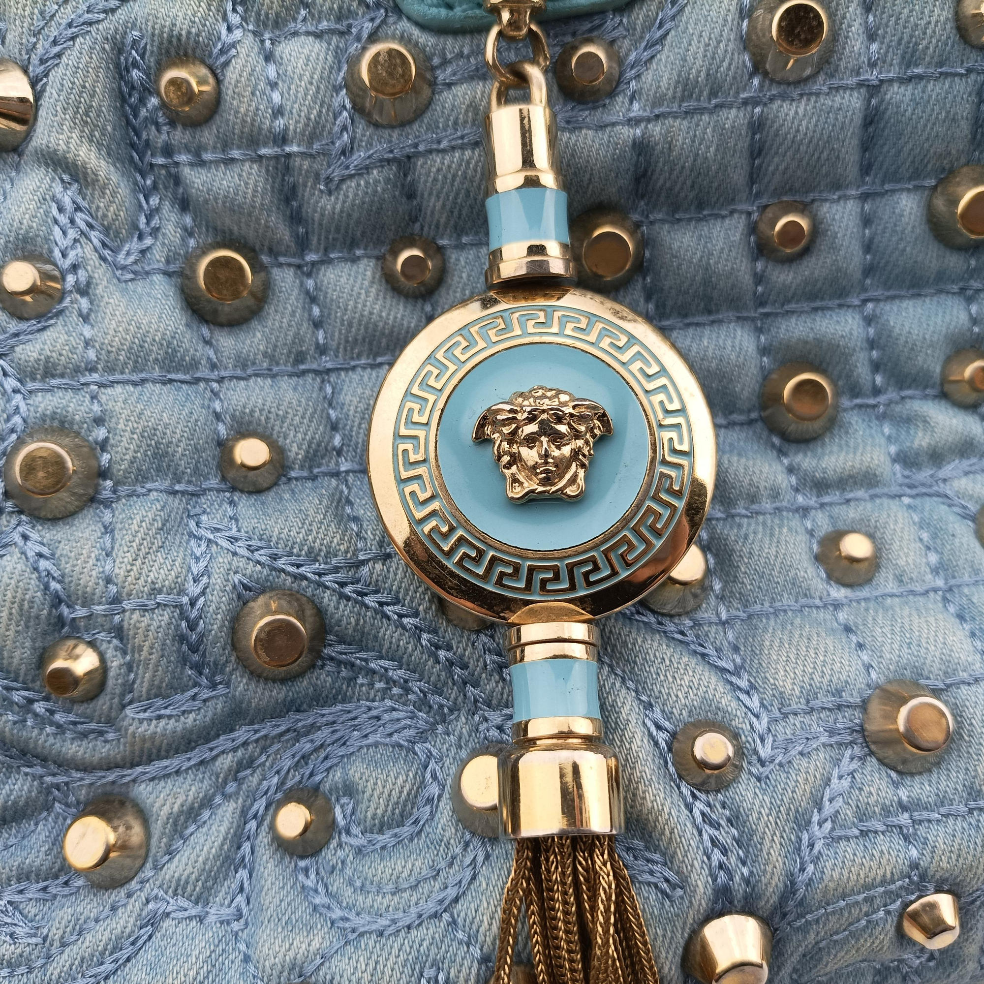 Pre-owned VERSACE Vanitas Studded Blue denimxLeather  shoulderbag | stylenewstar