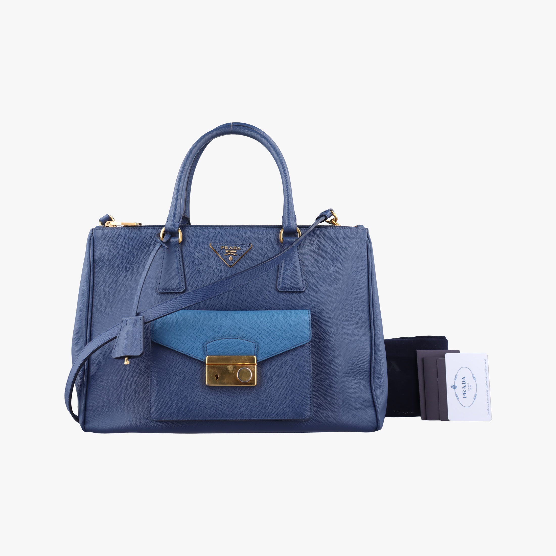 Pre-owned Prada Bi-Color Zip Front Pocket Blue SAFFIANO Leather BN2674 shoulderbag | stylenewstar