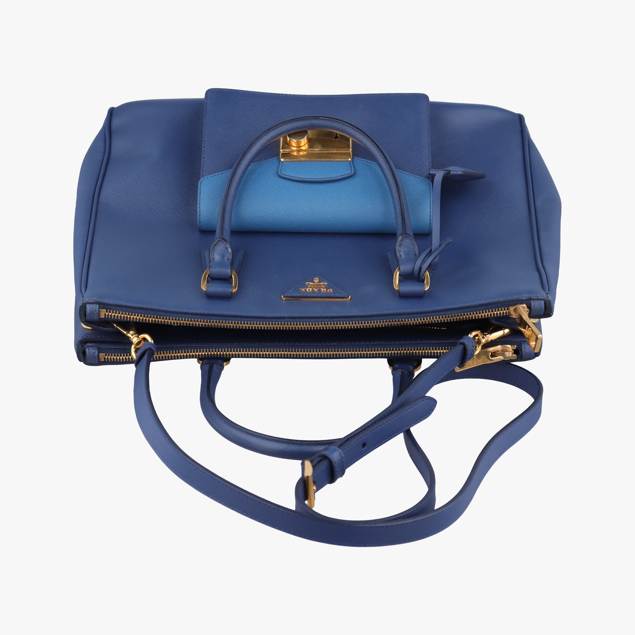Pre-owned Prada Bi-Color Zip Front Pocket Blue SAFFIANO Leather BN2674 shoulderbag | stylenewstar